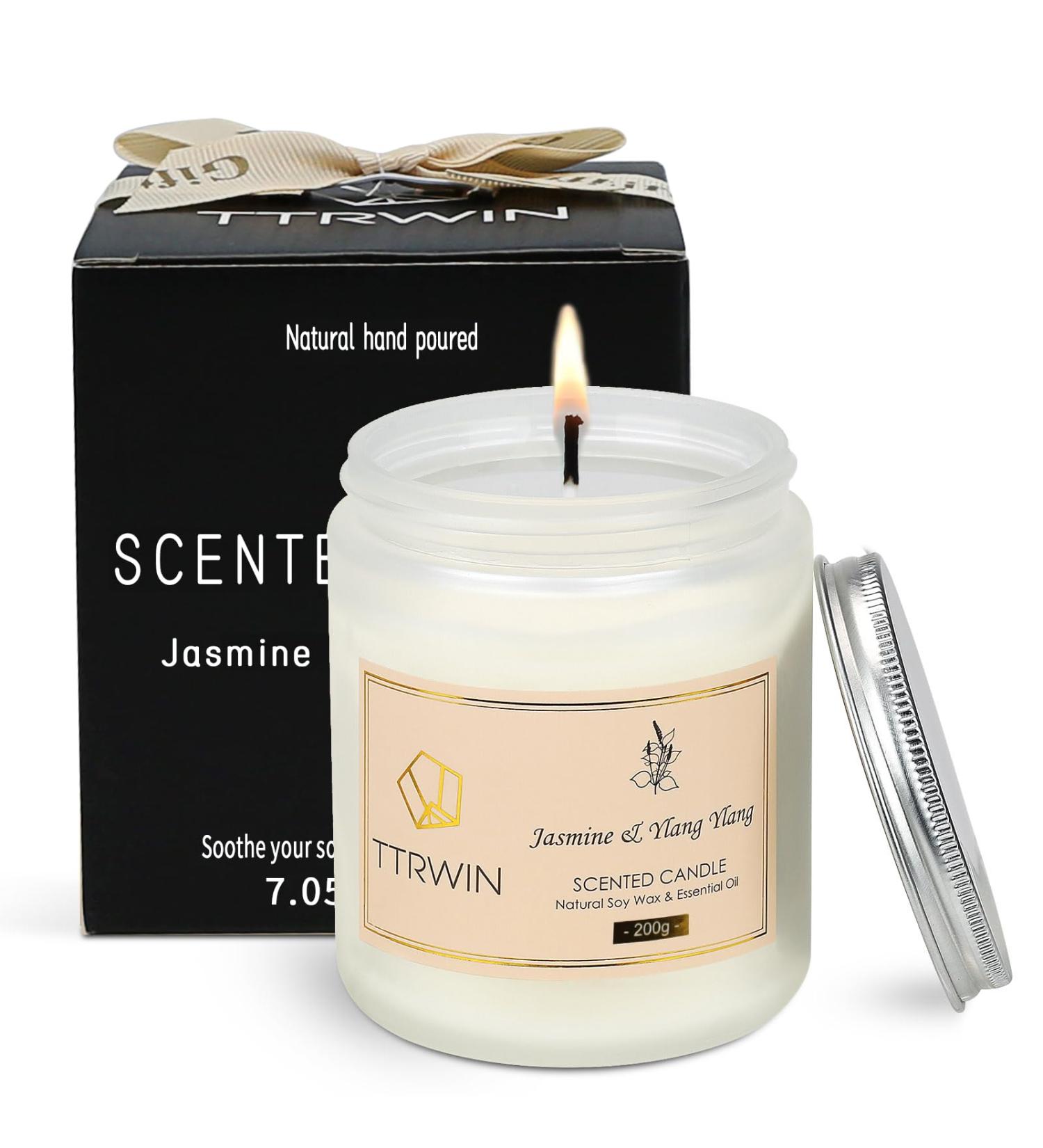 TTRWIN Jasmine & Ylang Ylang Scented Candle - 200g 50H Burn Natural Soy Wax Glass Jar - Perfect Gift for Women Christmas Mother's Day Valentine's Day - Buy Online on GoSupps.com