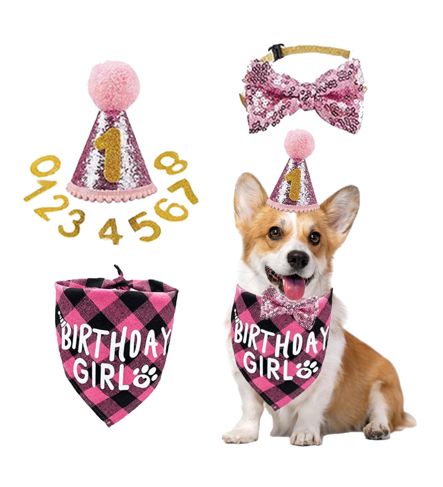 Fychuo Dog Birthday Party Dog Birthday Hat Pink Bandana Cat Birthday Girl Pet Birthday Present Sparkly Bow Tie Glitter Birthday Decorations for Small Medium Large Dogs A Pink - Buy Online on GoSupps.com