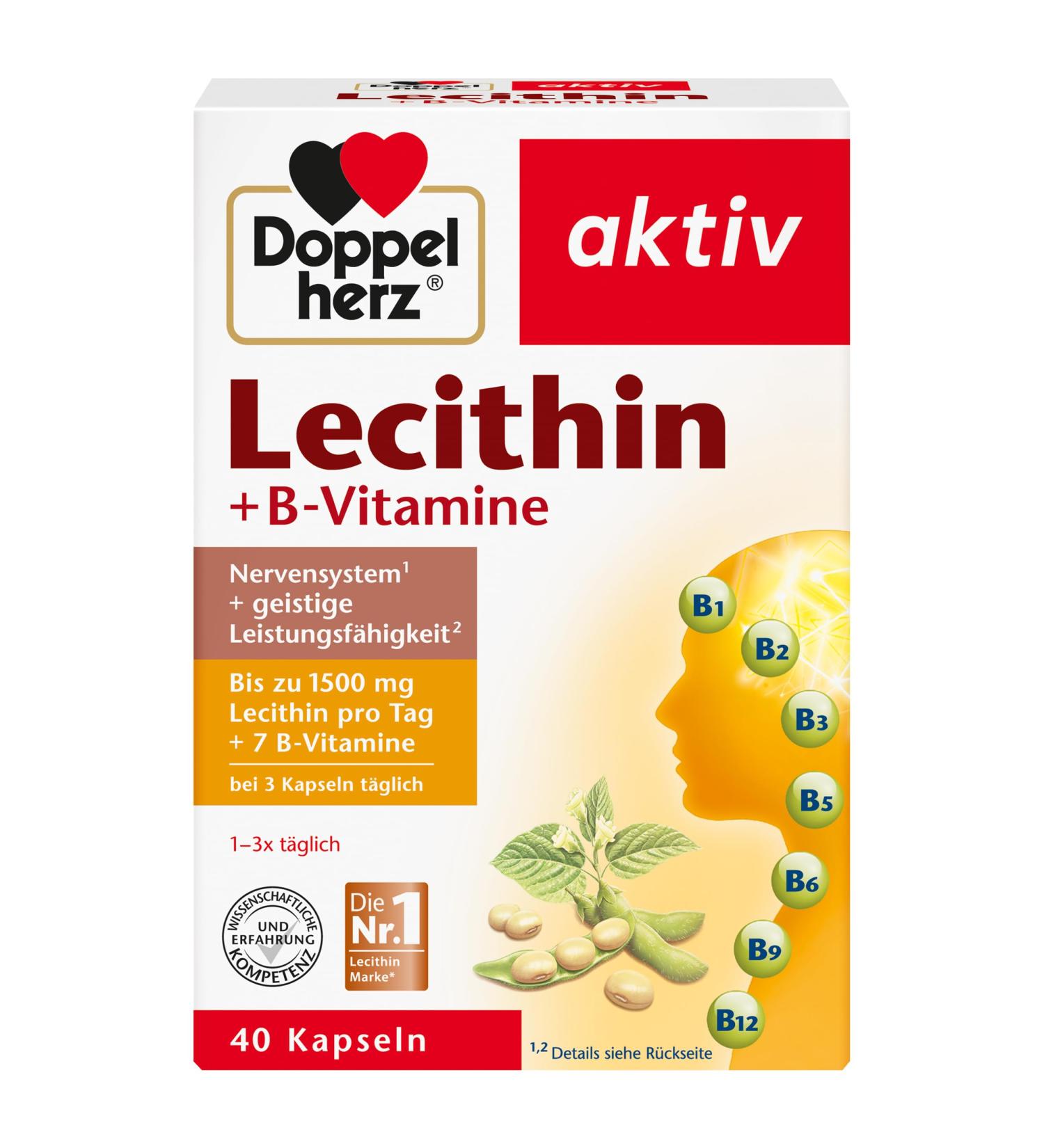 Double Heart Lecithin - Vitamin B1 B2 & B6 Supplement for Nervous System Health - 40 Capsules - International Shipping Available - Buy Online on GoSupps.com