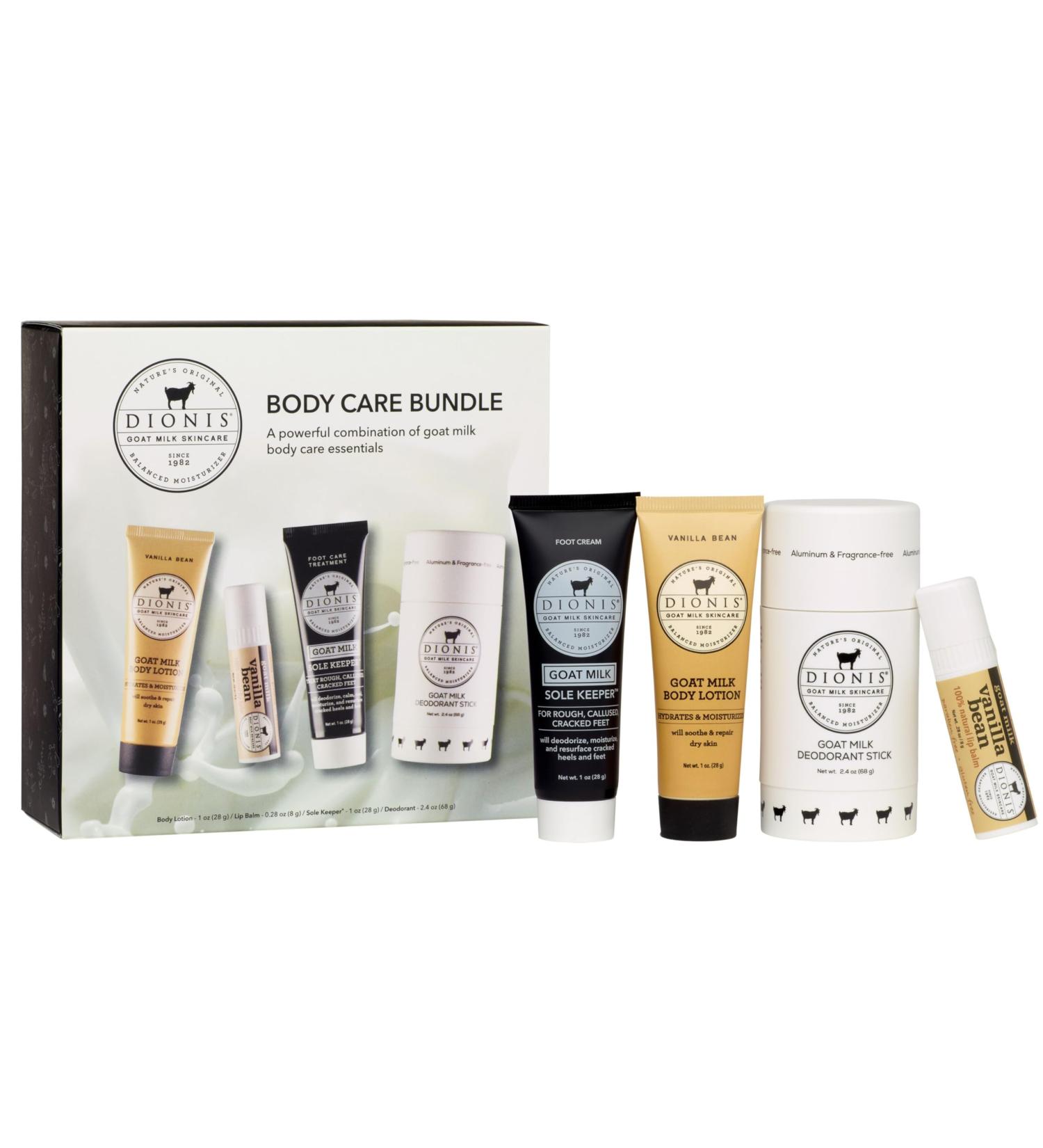 Dionis Goat Milk Vanilla Bean Core Body Care Bundle - Travel Size Scented Lip Balm Sole Keeper Foot Cream for Dry Feet Mini Hydrating Lotion & Full Size Aluminum Free Deodorant Stick Vanilla Bean Body Care Bundle - Buy Online on GoSupps.com
