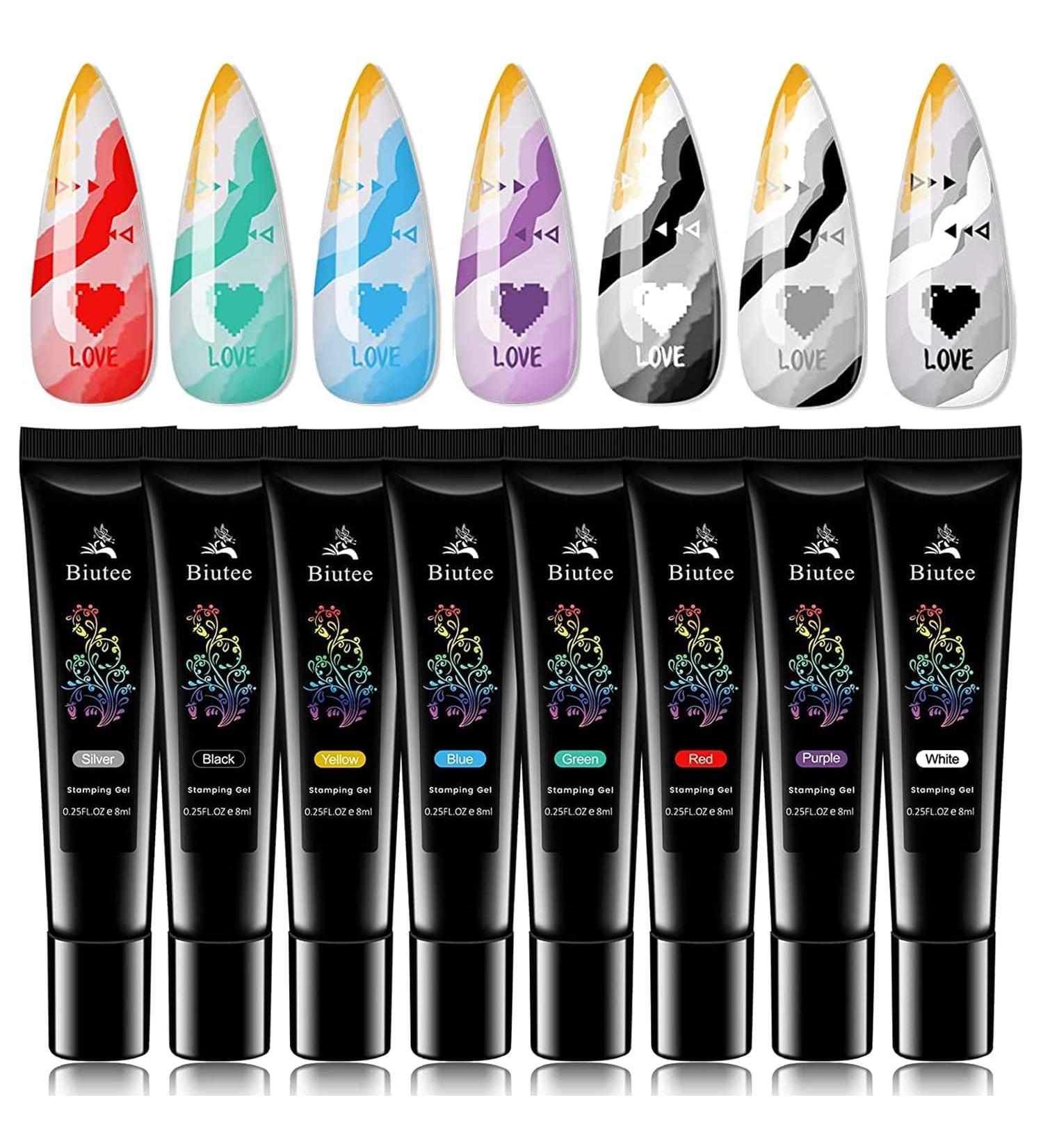 Nail Stamping Gel Polish 8 Colors Stamping Polish Red Black White Purple Blue Silver Soak Off Printed Gel UV Nail Polish Gel for Nail Stamp Plate Stamper DIY Nail Art Design - Buy Online on GoSupps.com