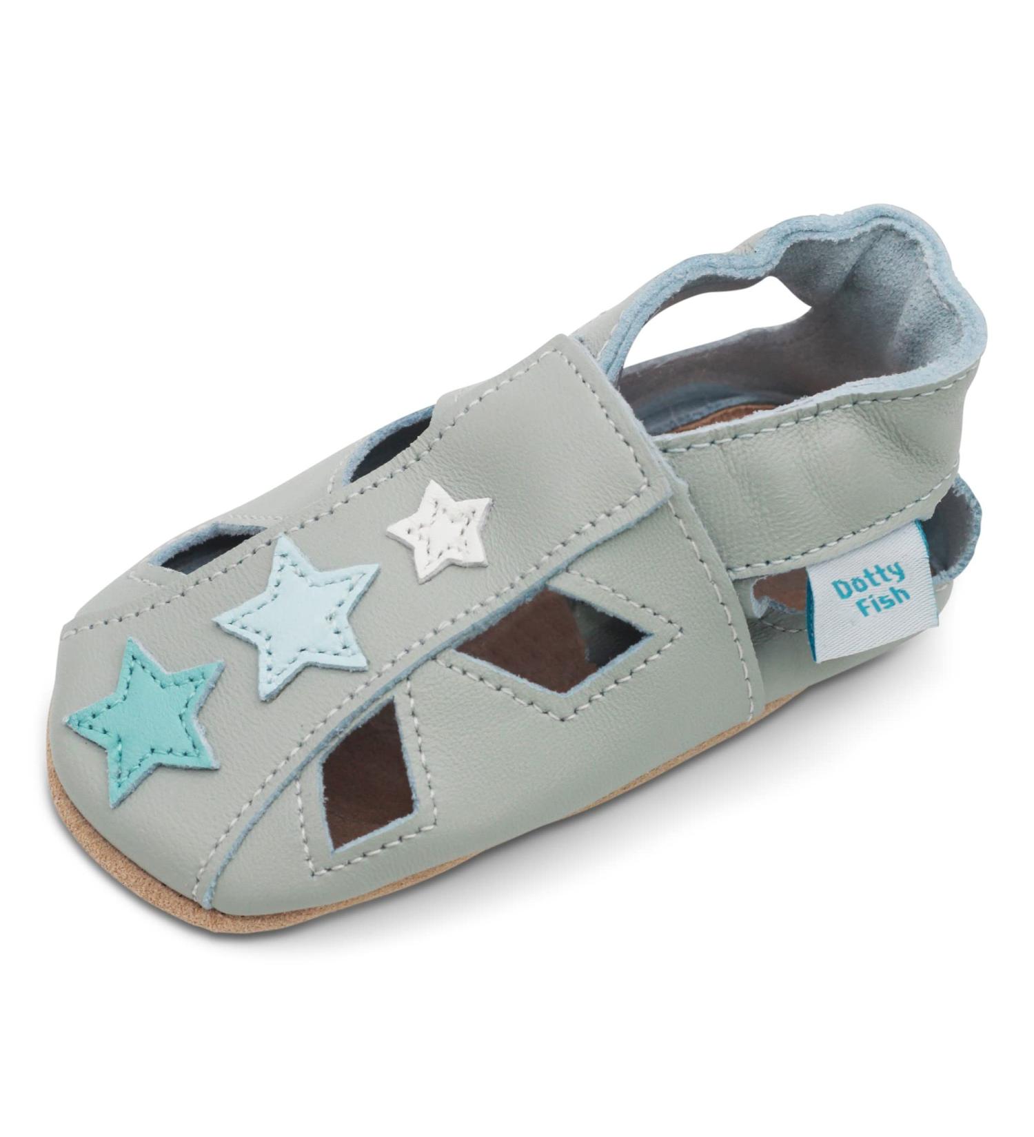 Dotty Fish Soft Leather Baby Shoes | Toddler Sandals | Non-slip Suede Soles | Grey Star Pattern | 0-6 Months to 3-4 Years - Buy Online on GoSupps.com