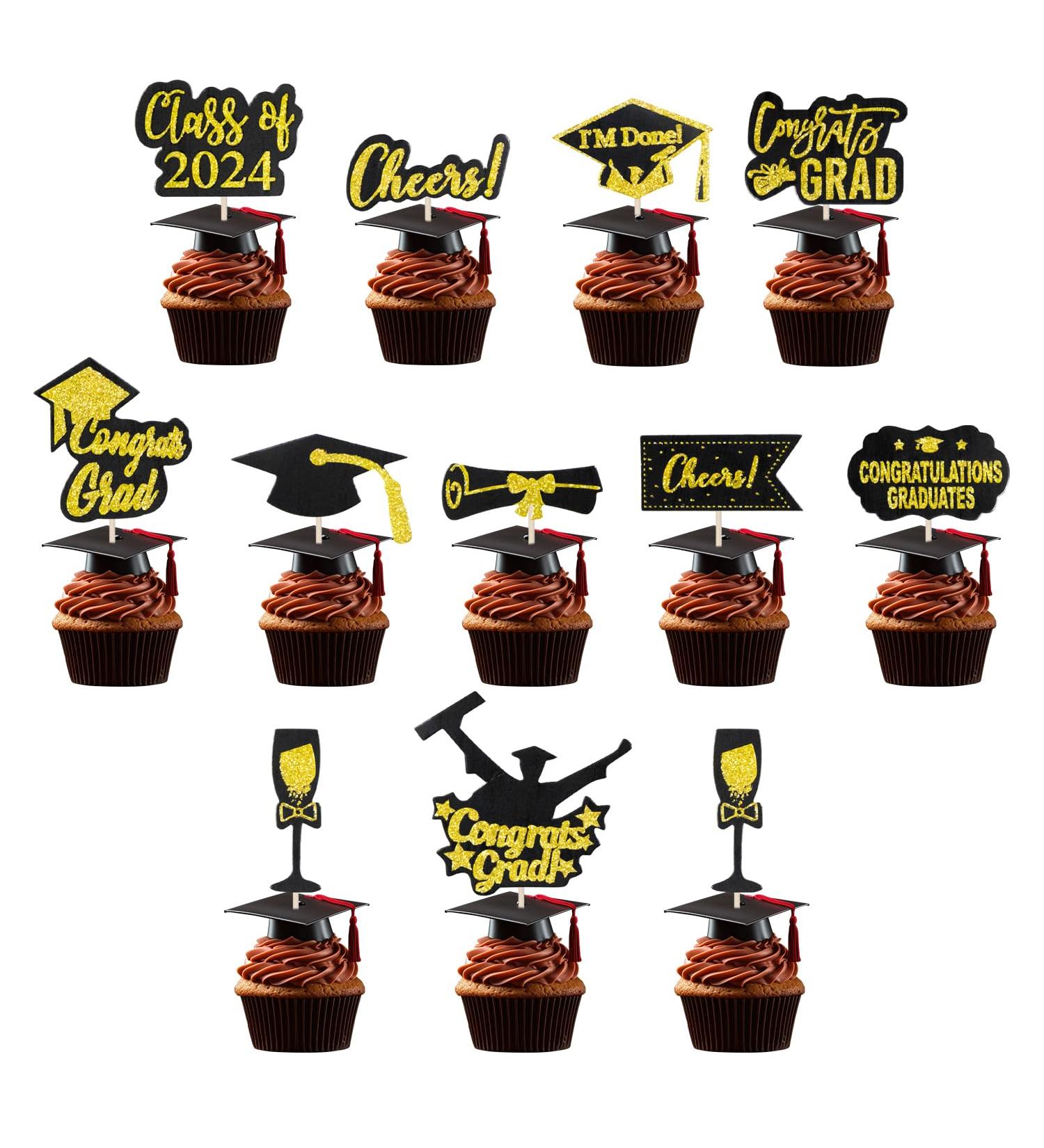 24Pcs 2024 Graduation Cupcake Toppers Graduation Cake Topper Class of 2024 Cake Cake Decorations with Grad Cap Diploma Congrats Grad Sign Black & Gold Graduation Party Supplies Decor A3BYCP - Buy Online on GoSupps.com