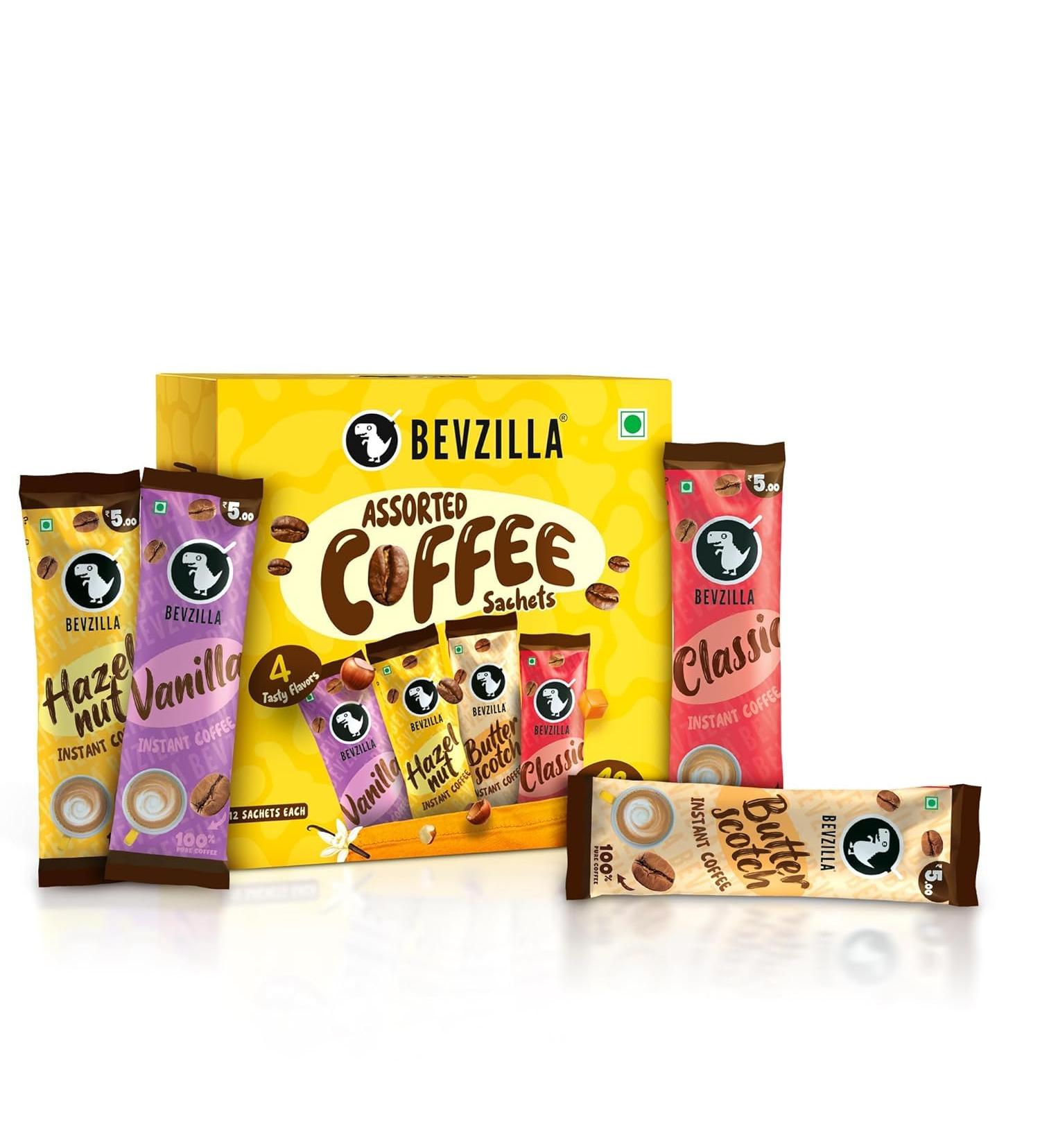 BVZ 48 Instant Coffee Powder Sachets (48 X2 Gram Sachets)| Turkish Hazelnut Colombian Gold French Vanilla & English Butterscotch | 12 Sachets Each Flavour| Hot & Cold Coffee| Makes 48 Cups| 100 % Arabica Coffee| Strong Coffee| Best Coffee | Espresso Latte - Buy Online on GoSupps.com