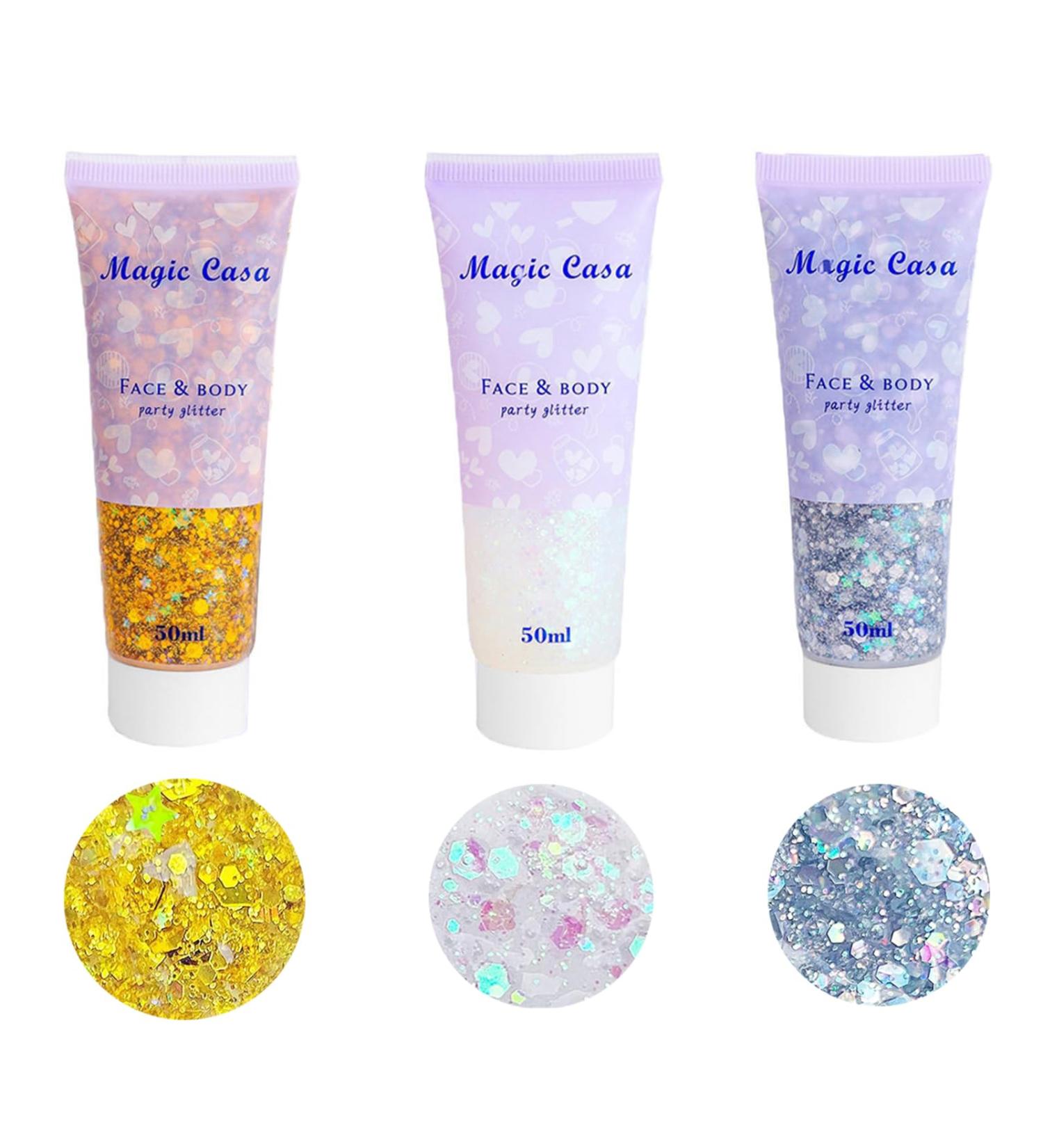 3 Pieces Body Glitter Set - Festival Glitter Gel & Accessories for Face Hair Lips and Eyes | Shimmering Sequin Liquid Eyeshadow - Buy Online on GoSupps.com
