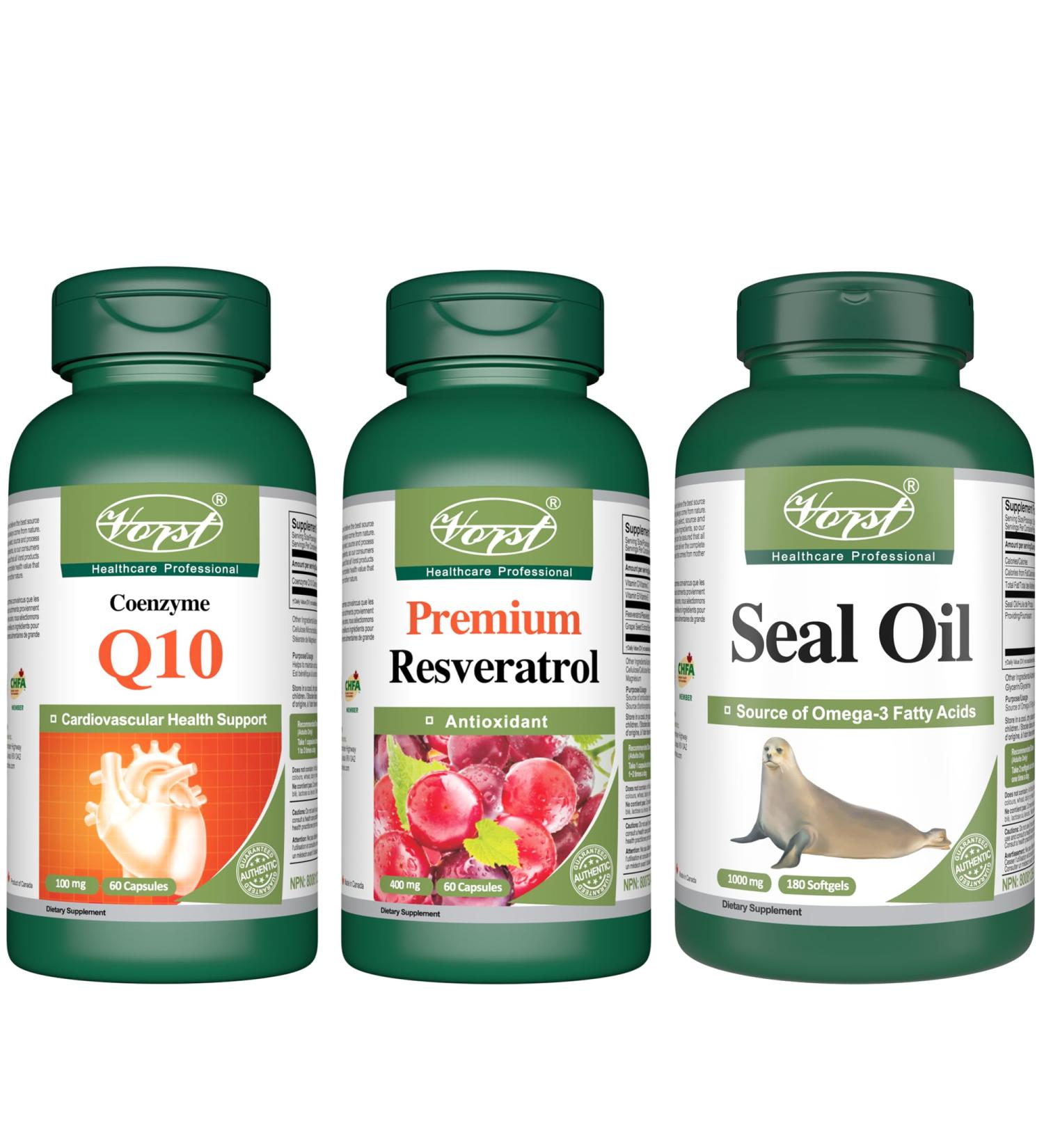 VORST Premium Resveratrol 400mg 60 Capsules with Grape Seed Extract and Coenzyme Q10 100mg Ubiquinone 60 Capsules and Seal Oil 2000mg Per Serving (1000mg Per Softgel) 180 Softgels | Heart Healh Supplements | (Combo Bundle 3 Bottles) - Buy Online on GoSupps.com