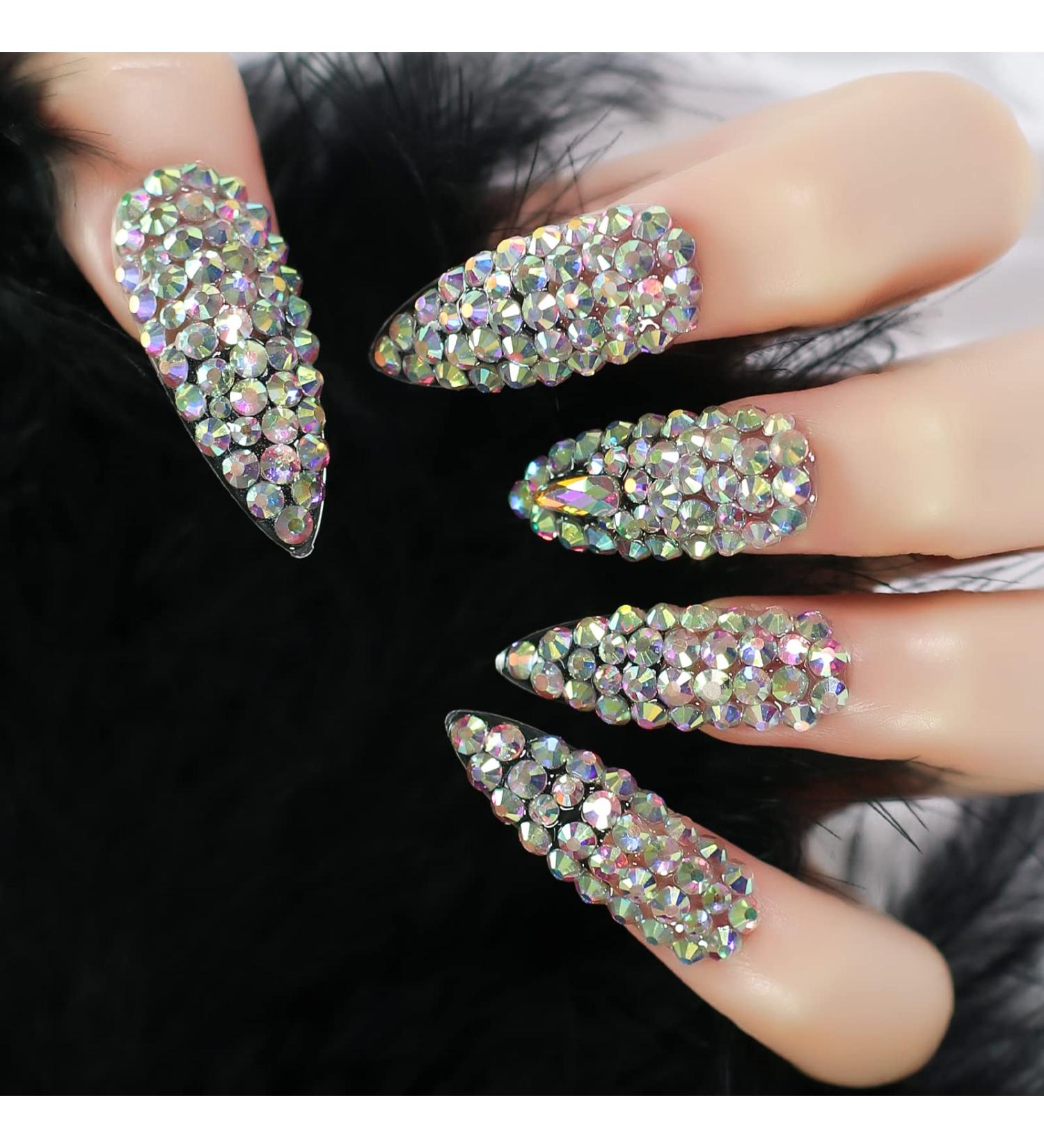 3D Rhinestone Art Deco Long Almond Fake Nails - Shiny Acrylic Gem Set (24 Pcs) - Buy Online on GoSupps.com