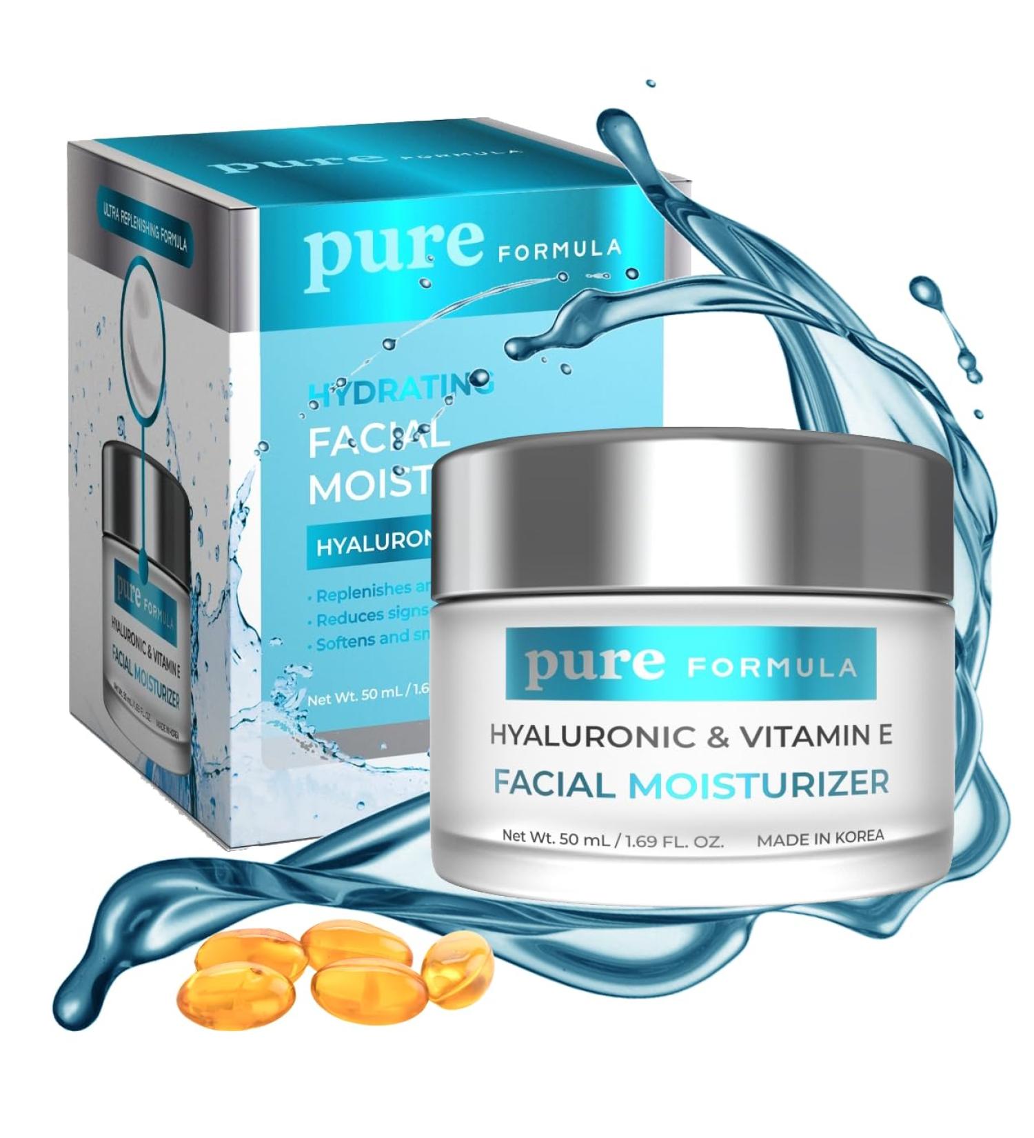 Pure Formula Hyaluronic Acid & Vitamin E Daily Face Moisturizer - Reduce Acne Scars Fines Lines Wrinkles Hydrating Day Cream - Cruelty Free Korean Skin Care For All Skin Types - 1.69 Fl. oz/ 50ml - Buy Online on GoSupps.com