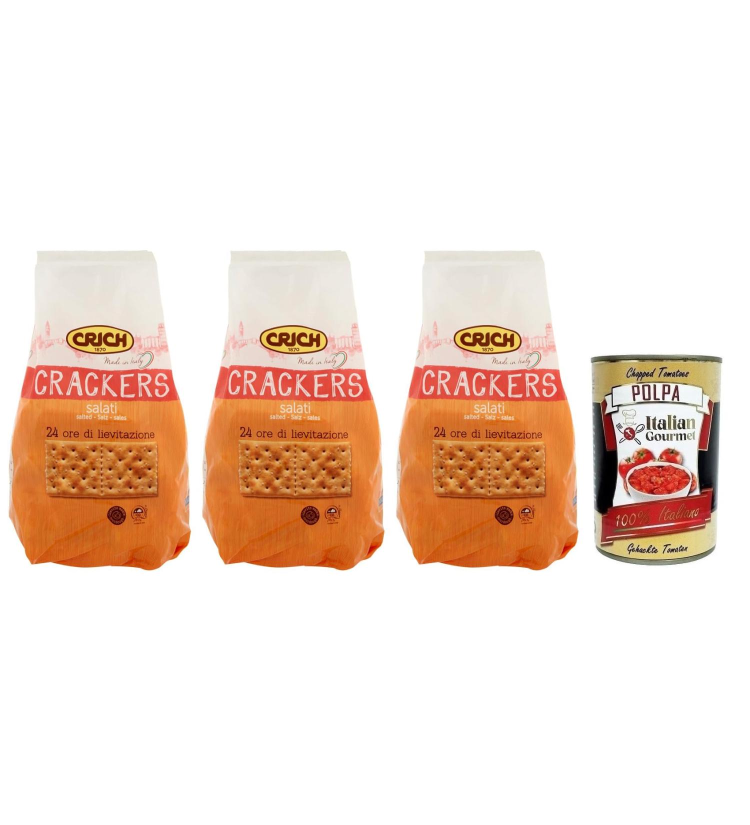  Italian Gourmet E.R. Set of 3 Crich Crackers Salads Savoury Snackers Rich in Fibre Crackers with Salt Grains and Sourdough 750 g + Polpa di Pomodoro Italian Gourmet Polpa di Pomodoro 400 g Box - Buy Online on GoSupps.com
