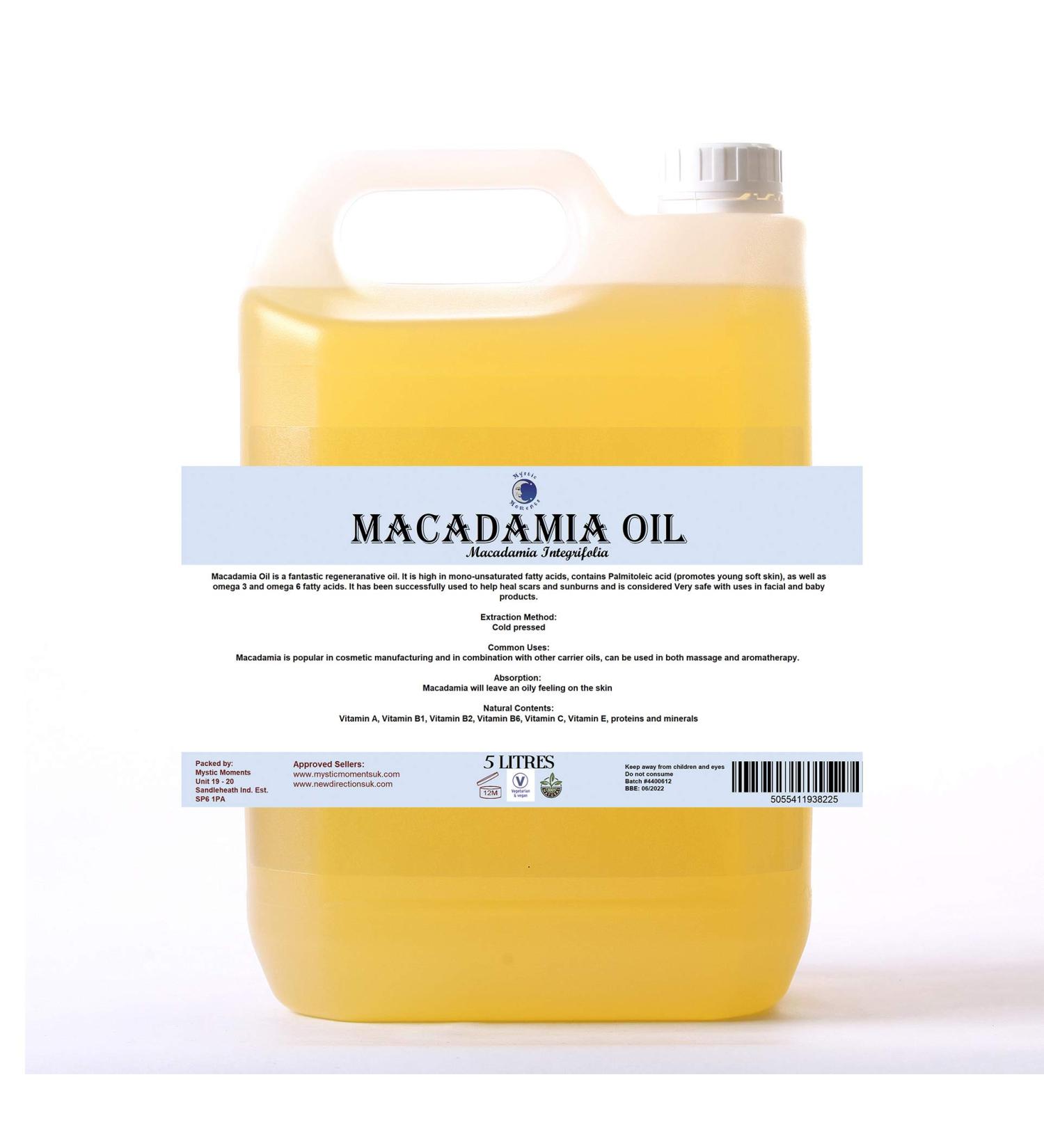 Mystic Moments Macadamia Carrier Oil 5 Liters - Pure Natural Oil for Hair Face Nails Aromatherapy & Massage | Vegan GMO-Free - Buy Online on GoSupps.com