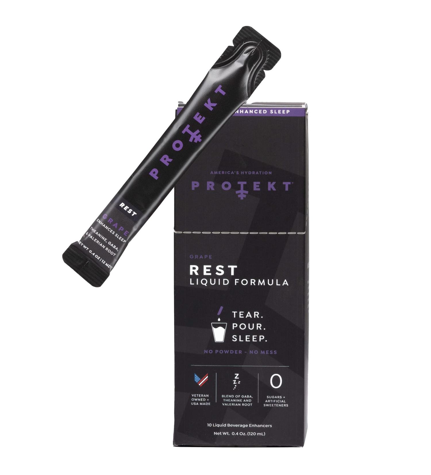 Protekt Rest Liquid Sleep Support Supplement - Natural Calm with L Theanine, GABA, Valerian Root Extract - Non-Habit Forming Nighttime Calm Drink - Grape Flavor - 10 Count Pack - Buy Online on GoSupps.com
