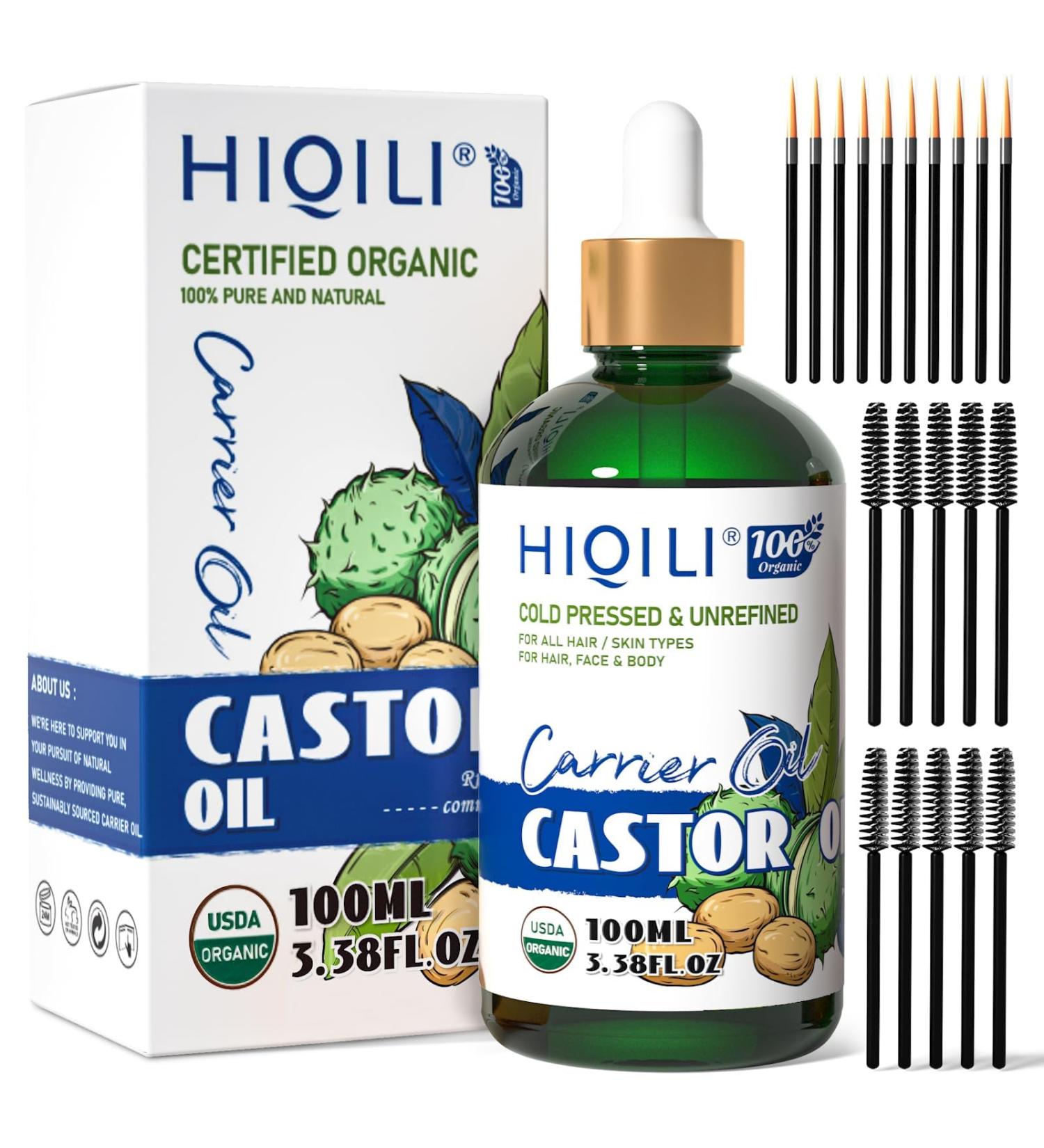 HIQILI Castor Oil Organic Cold Pressed Unrefined Glass Bottle, USDA Certified Organic, Hexane Free - Premium Grade Oil for Face, Hair Growth, Eyelash -3.38 Fl Oz - Buy Online on GoSupps.com