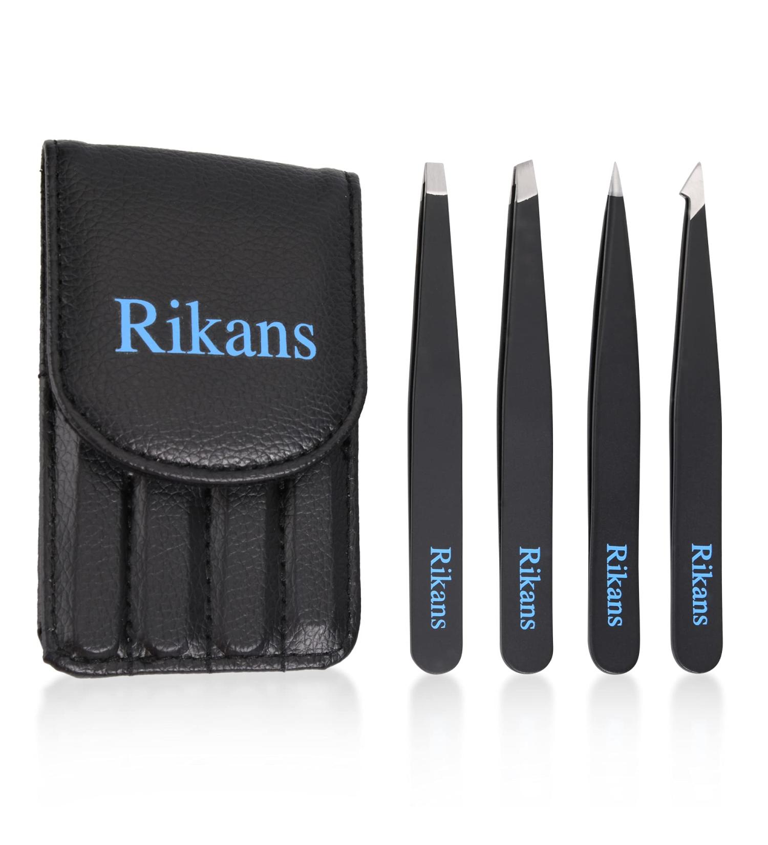 Rikans Precision Tweezers Set - Pack of 4 Black Professional Tweezers - Stainless Steel for Splinters, Eyebrows, Facial Hair, Blackheads - Includes Handy Carry Pouch - Buy Online on GoSupps.com