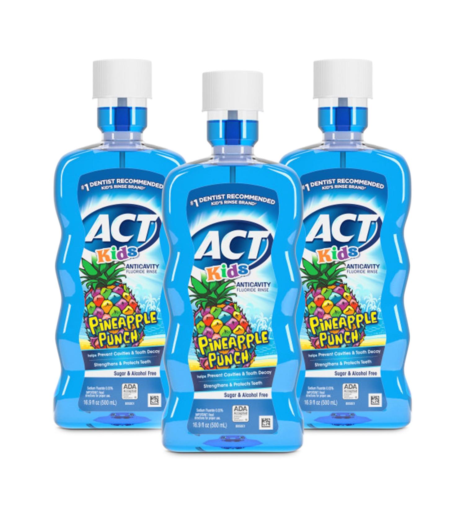 ACT Kids Anticavity Fluoride Mouthwash Sugar & Alcohol Free Mouth Rinse Strengthens Teeth Pineapple Punch 16.9 fl. oz.(Pack of 3)