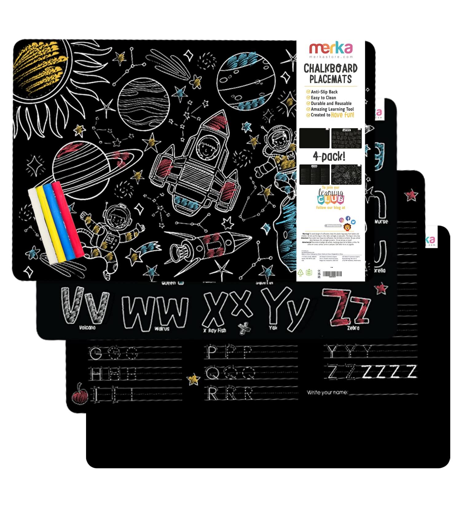 Merka Kids Coloring Placemats Set - 4 Reusable Mats with Chalks, Space & Alphabet Design - Buy Online on GoSupps.com