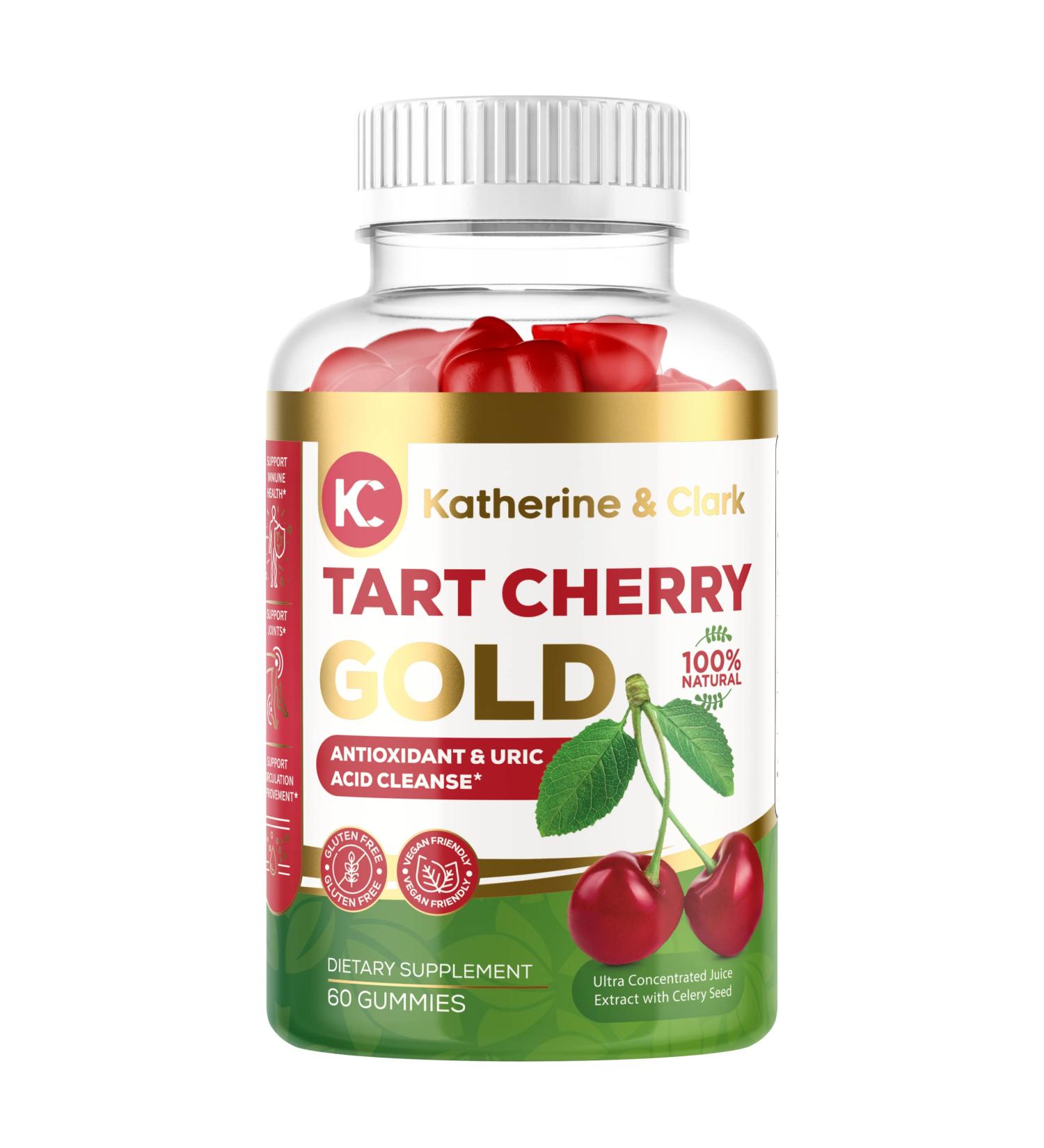 Katherine & Clark Tart Cherry Gold Gummies - Vegan Montmorency Extract for Joint Relief | 60 Count - Supports Healthy Uric Acid Levels - Made in the USA - Buy Online on GoSupps.com