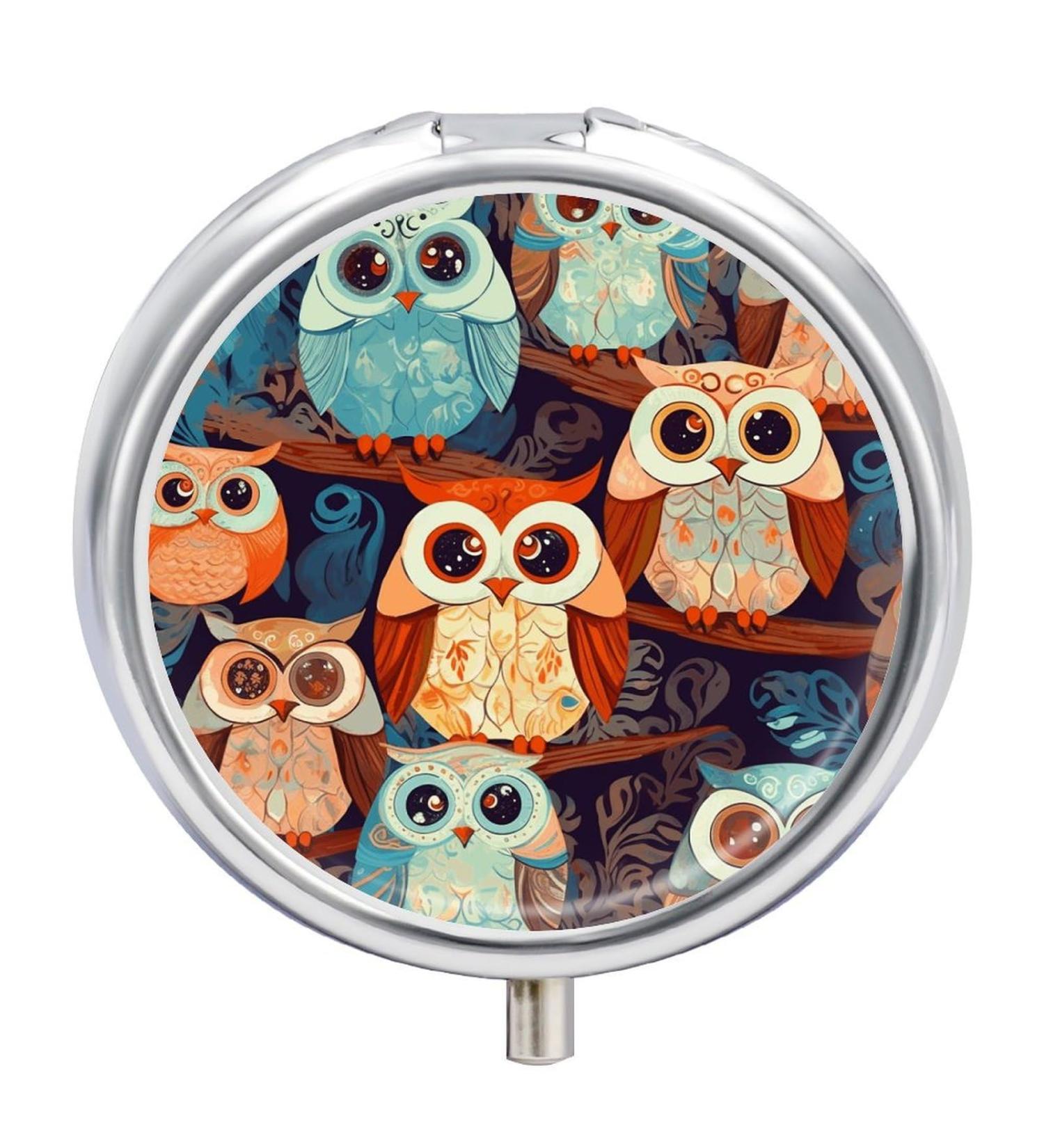 Round Pill Box - Anime Owl Print | 3 Compartment Portable Medicine Organizer | Decorative Metal Pocket Pill Case - Buy Online on GoSupps.com