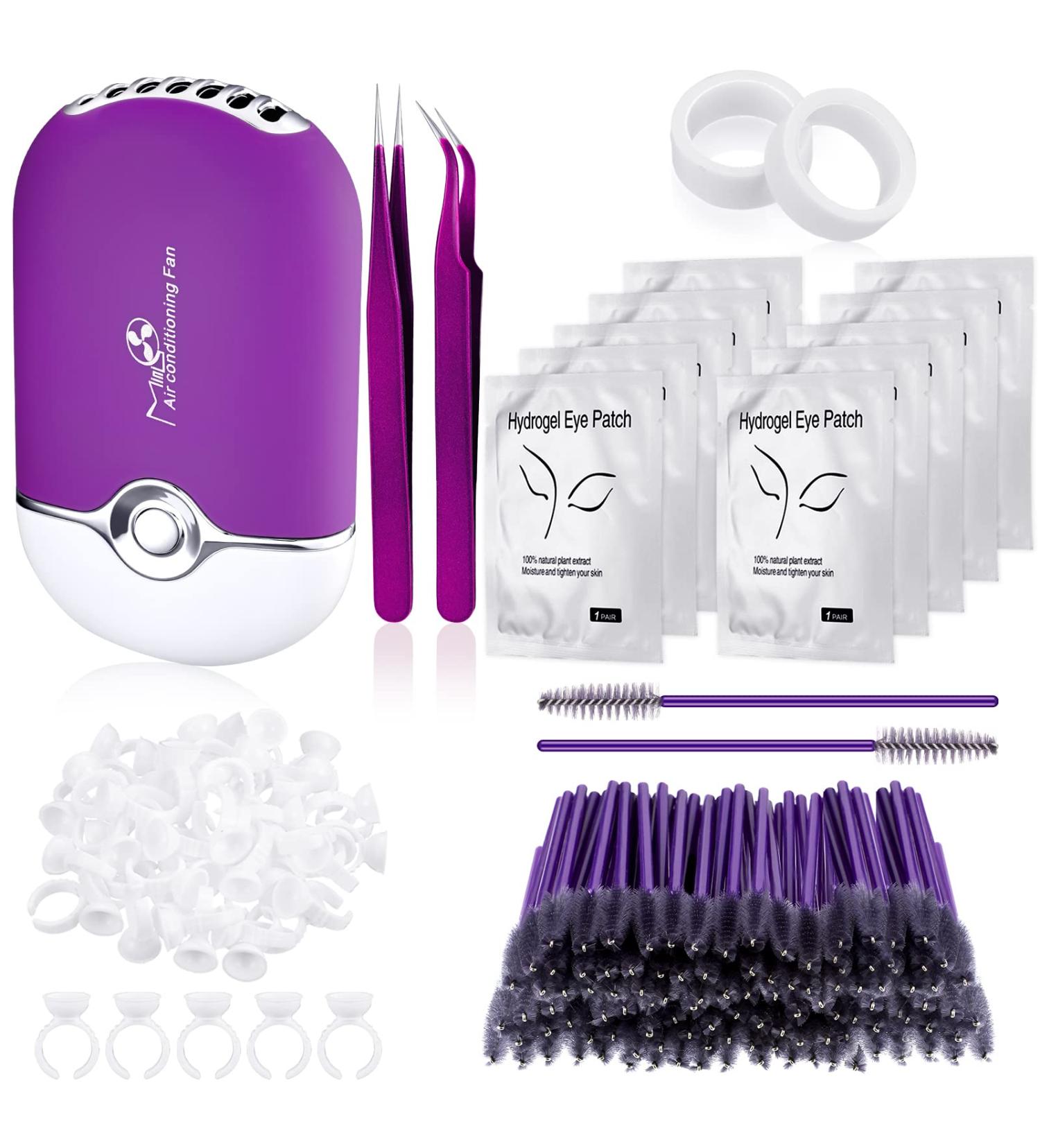 Honoson Eyelash Extension Kit with USB Air Conditioning Blower, Tweezers, Mascara Brushes, Glue Rings, Tapes, and Under Eye Gel Pads (Purple) - 165pc Set - Buy Online on GoSupps.com