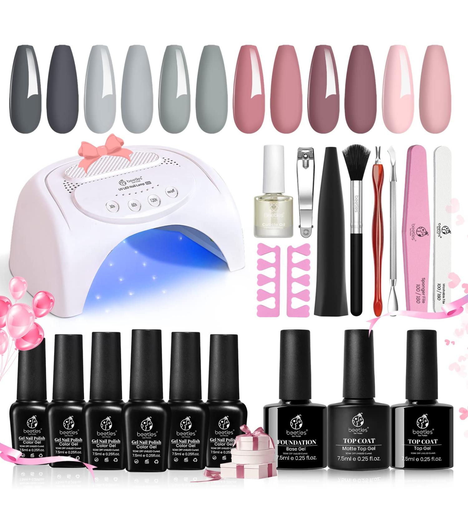 Beetles Gel Nail Polish Starter Kit - 6 Colors Gray Nude Pink Set with 48W Nail Lamp - Base Top Coat Included - Christmas Nail Art DIY Manicure - Buy Online on GoSupps.com