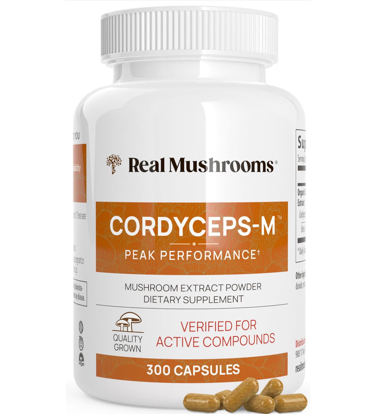 Real Mushrooms Capsules Supplements - Organic Cordyceps Mushroom Powder in Capsules - Energy and Performance Mushrooms with Verified Beta Glucans - Vegan, Non-GMO, 300 Capsules 300 Count (Pack of 1) - Buy Online on GoSupps.com