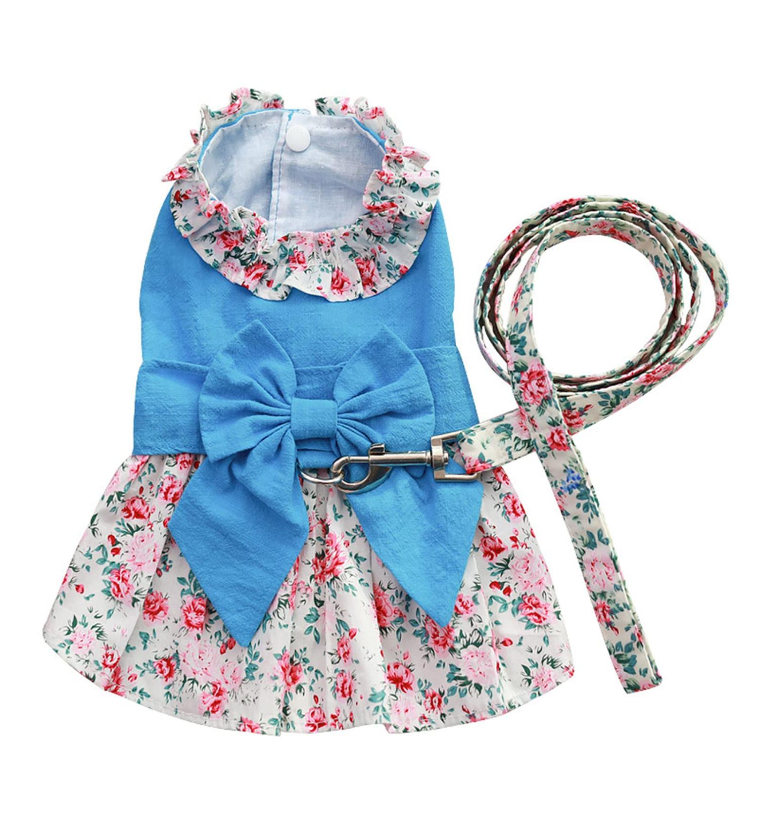 Shop Petyoung Floral Cat & Dog Clothes with Leash | Small Dog & Cat Princess Dress & Puppy Skirt in Blue M - Buy Online on GoSupps.com
