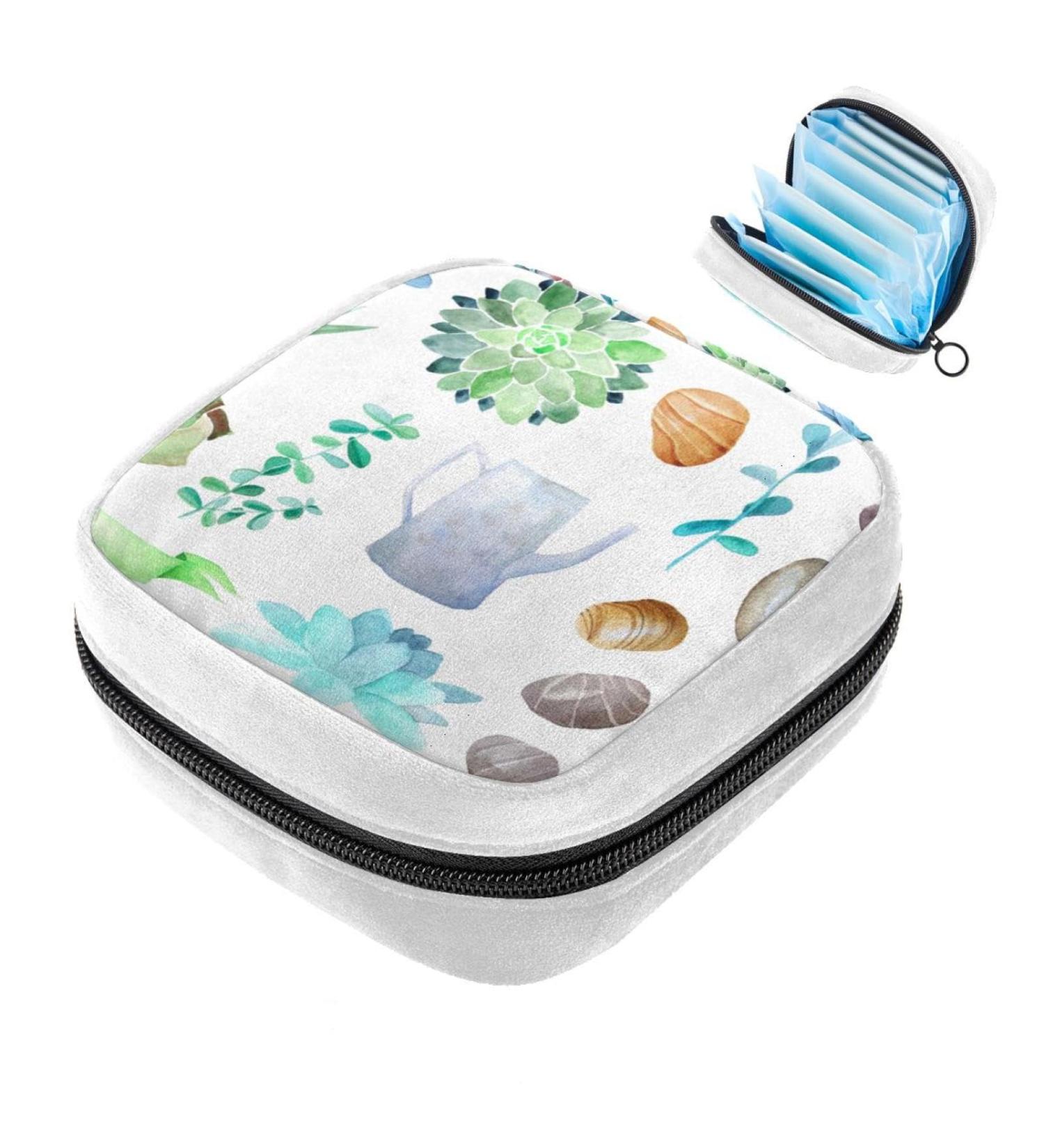Watercolor Plant Succulents Sanitary Napkin Storage Bag - Period Tampon Makeup Pad Pouch - Buy Online on GoSupps.com