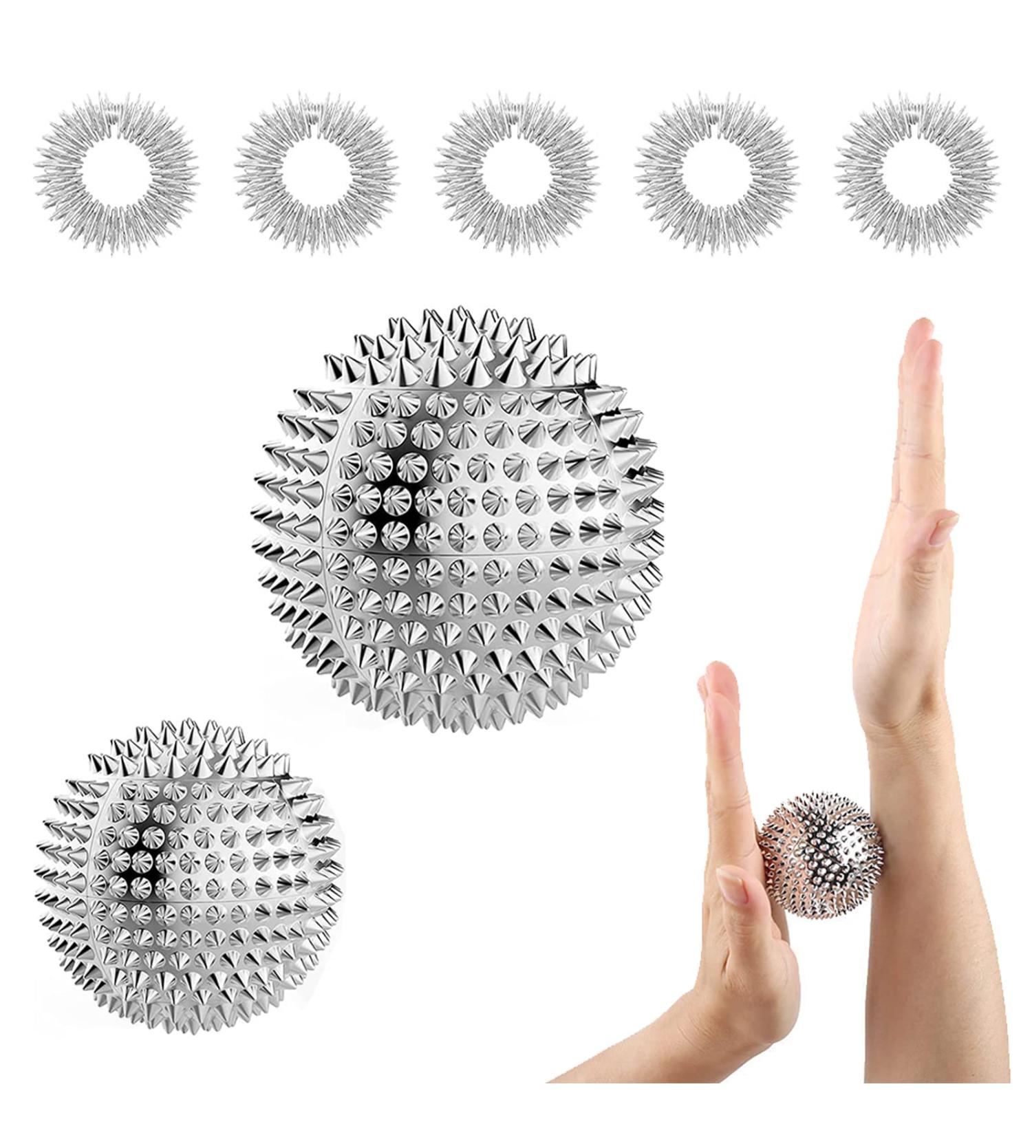 2 Hedgehog Ball Massagers & 5 Acupressure Finger Rings - Silvery Decompressors for All Ages - Buy Online on GoSupps.com