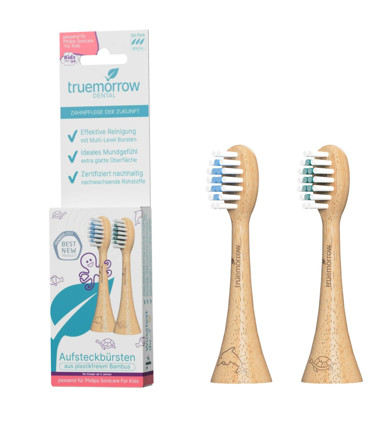 Truemorrow sustainable replacement brushes made of bamboo for Philips Sonicare Kids Schalltzahnbrush |2 Set |Plastic -free biodegradable handle |Vegan |Soft bristles
