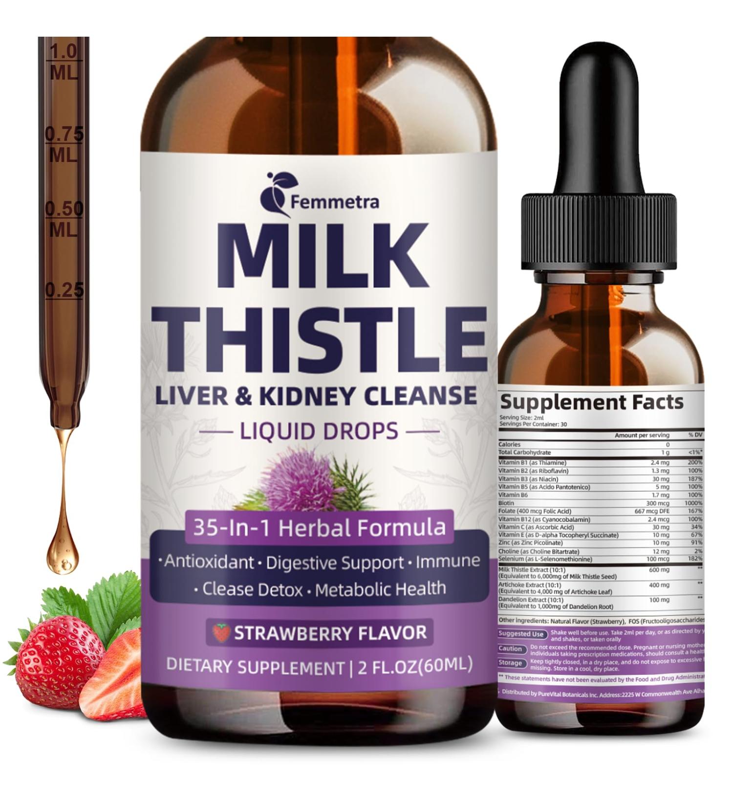 Milk Thistle Extract Liquid Drops for Liver Cleanse Detox & Repair 35-IN-1 Kidney Support Supplement with Artichoke & Dandelion for Urinary Tract Bladder Vegan Non-GMO Strawberry Flavor 2 FL OZ - Buy Online on GoSupps.com