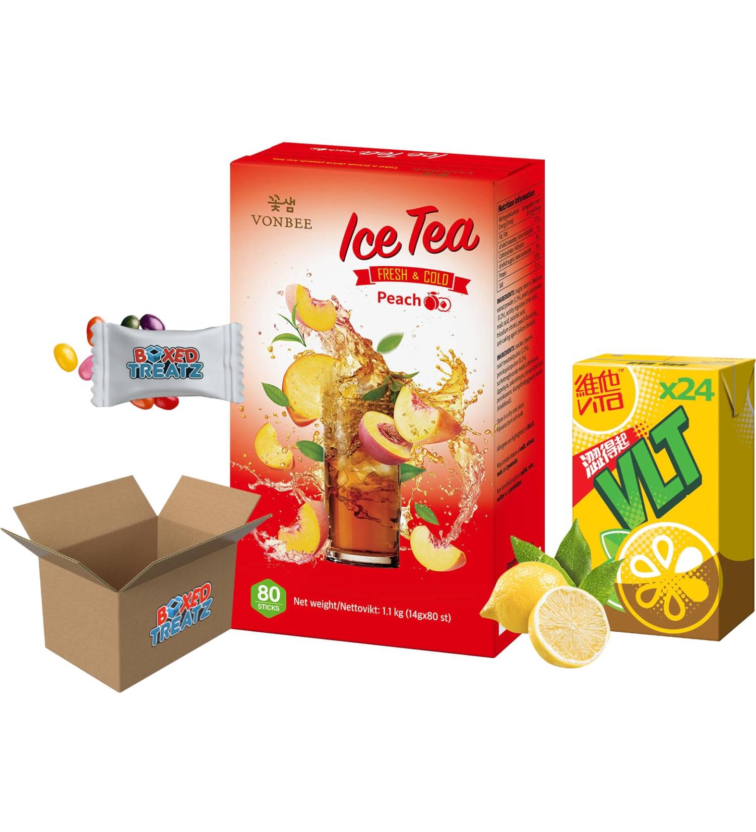 Ice Tea Fresh & Cold Peach Powder Sachets Box1.1KG (80x14g) + VLT Lemon Tea Cartons Drink (24x250ml) Boxed Treatz - Buy Online on GoSupps.com