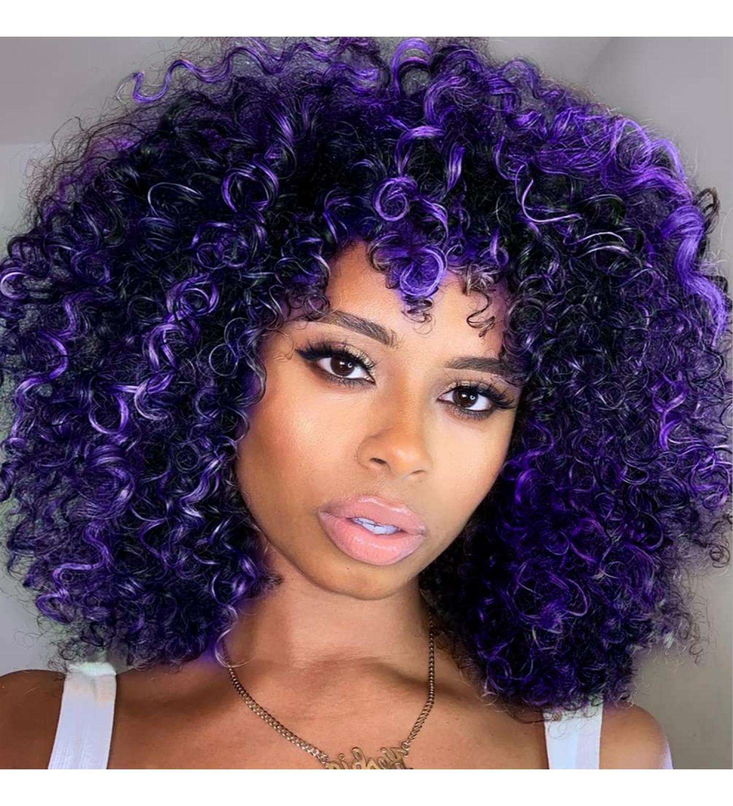 Blue Purple Long Curly Wigs for Women Ombre Purple Wave Synthetic Natural Soft Hair Funny Wigs for Cosplay Party