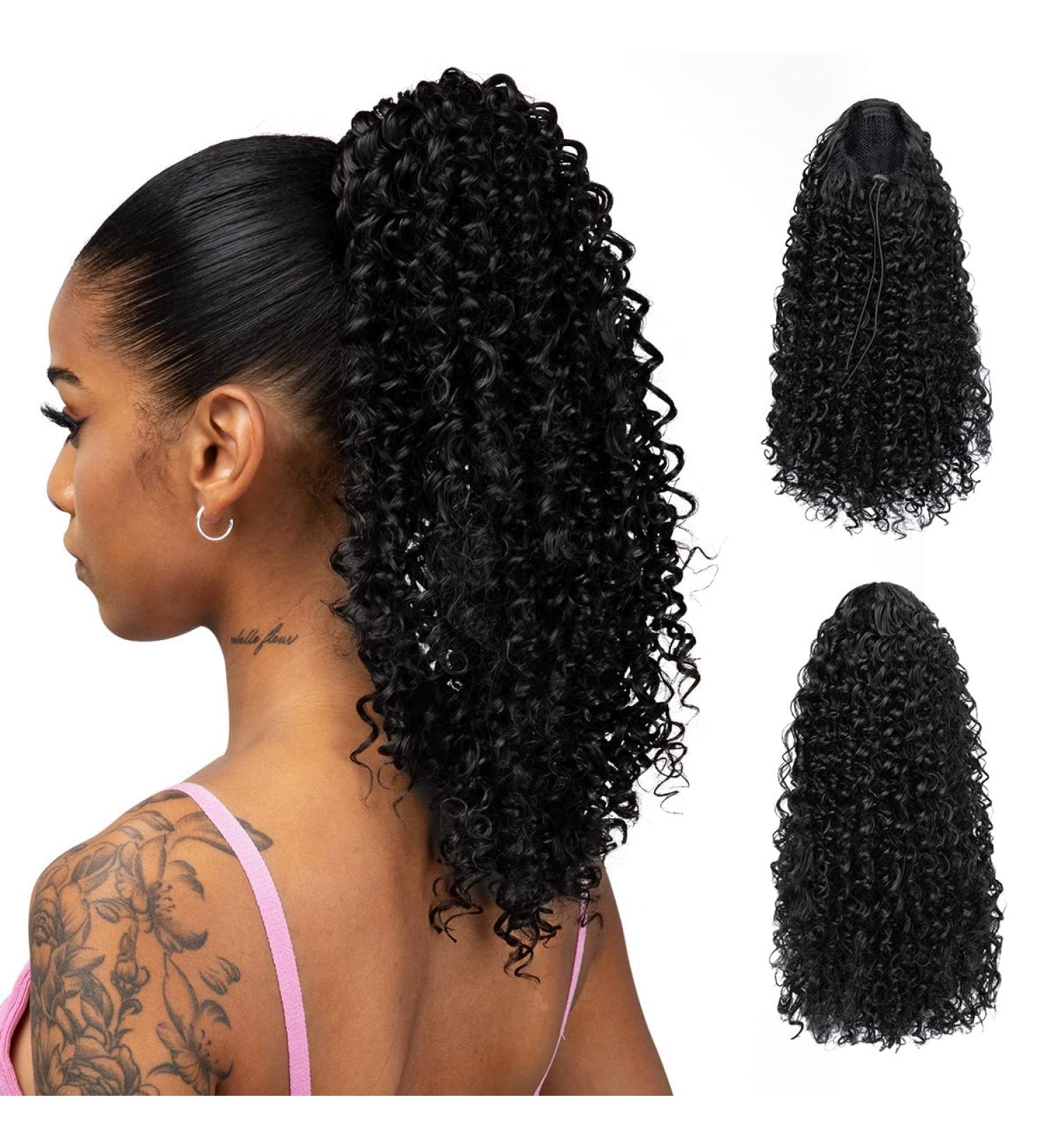 YUMOREAL Black Kinky Curly Drawstring Ponytail Extension- 16 Inch Synthetic Clip in Afro Wavy Pony Tail for Black Women - Buy Online on GoSupps.com