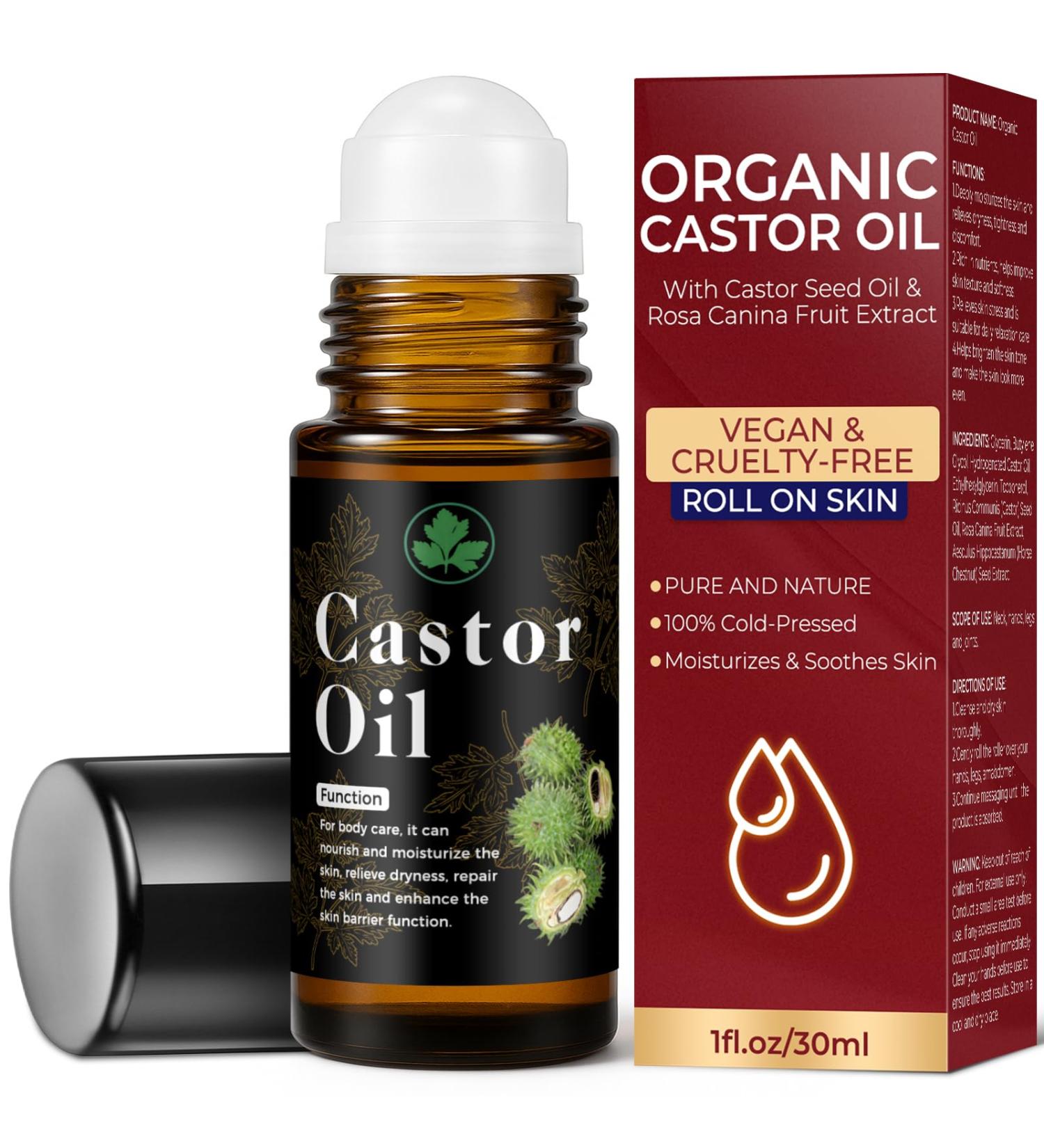 Organic Castor Oil Roll on 100% Pure & Cold Pressed Organic Castor Oil for Face Body Hexane Free Glass Bottle Hair & Eyelashes Growth Moisturize Skin 1fl oz - Buy Online on GoSupps.com