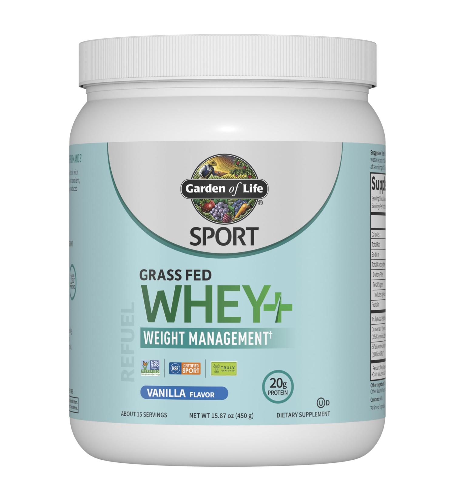Garden of Life SPORT Whey Plus Weight Management with Amino Energy - 20g of Grass Fed Protein Isolate for Women and Men - Vanilla Powder - With Capsimax 2 Billion CFU Probiotics About 15 Servings - Buy Online on GoSupps.com