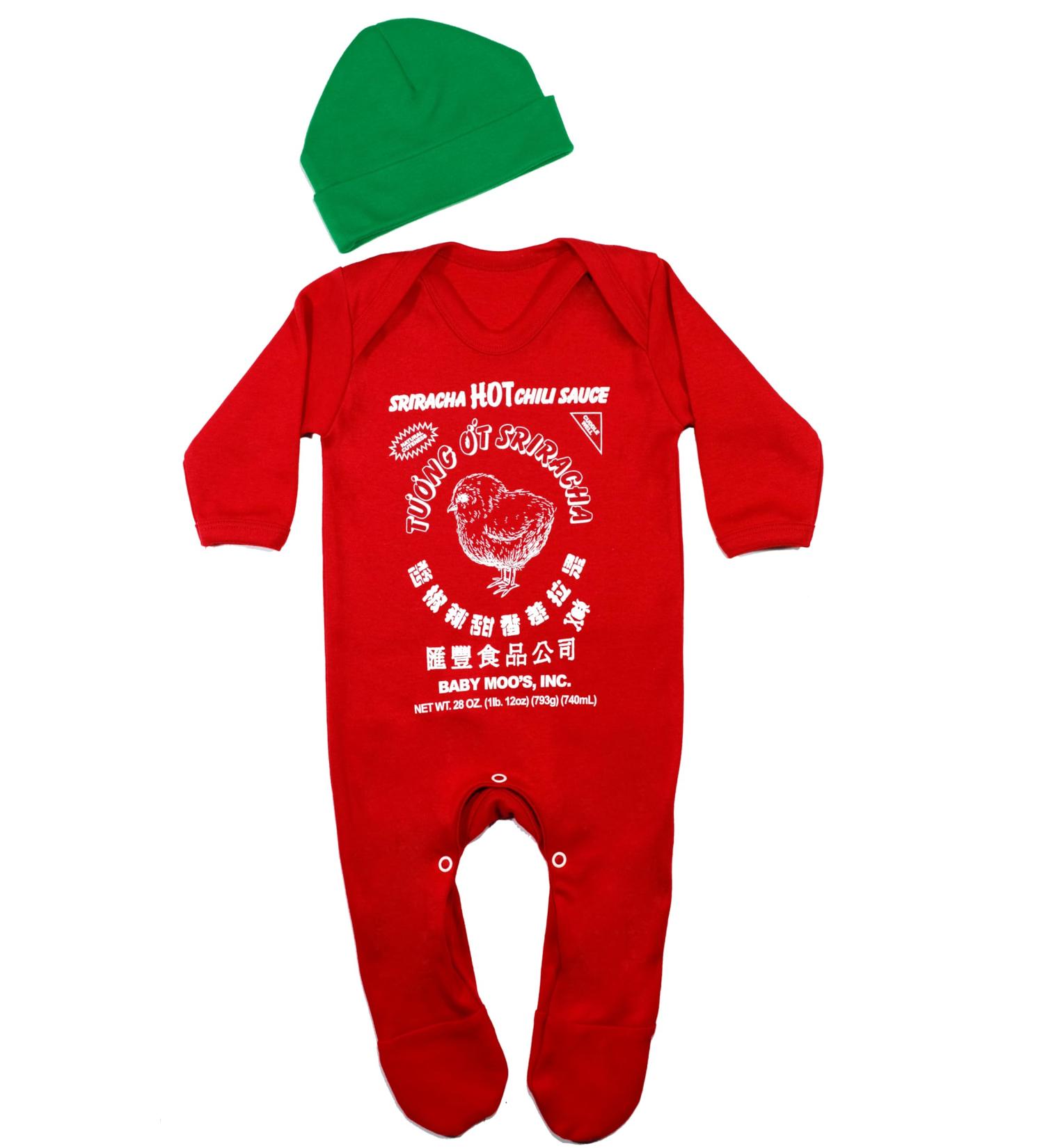 Baby Moo's SRIRACHA Baby Sleepsuit & Hat Set for Boys or Girls | Novelty Funny Cute Chili Sauce Romper Outfit - New Baby or Parents Gift UK 6-12 Months Red