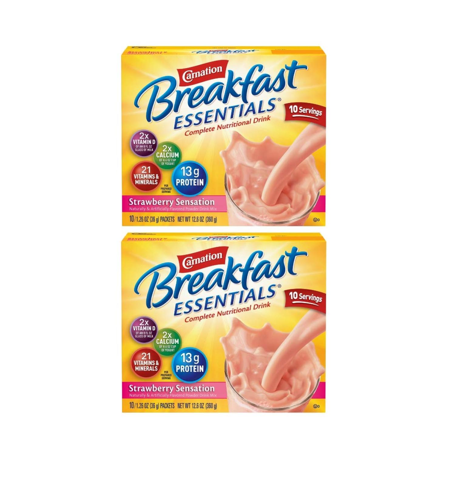 Carnation Breakfast Essentials Powder Drink Mix Strawberry Sensation 10 Count Box of 1.26 oz Packets 2 Pack (Strawberry Sensation 20 Count)
