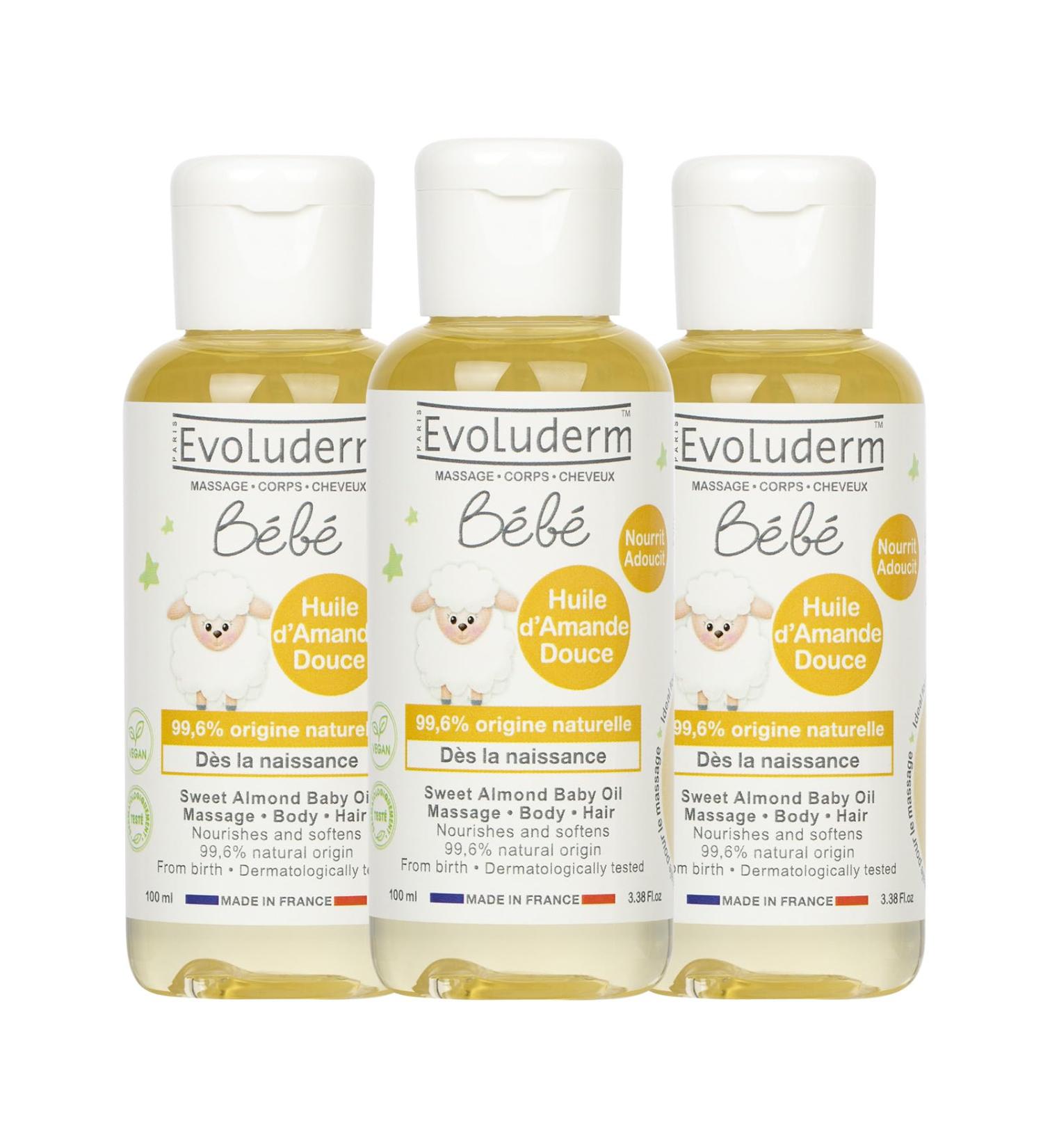 EVOLUDERM - Baby Sweet Almond Oil - Nourishes - Softens - Protects - 100 ml - 99.6% Natural Origin - Vegan - Made in France - Pack of 3 x 100 ml - Buy Online on GoSupps.com