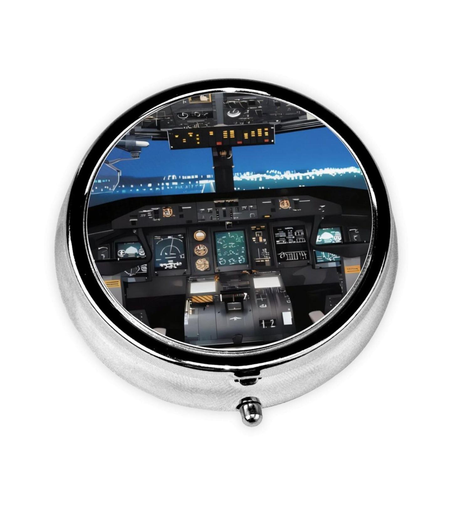 Airplane Cockpit Portable Metal Pill Box - Round Mini 3-Compartment Travel Organizer for Small Pills - Hinged Fastening Design - Black - Buy Online on GoSupps.com