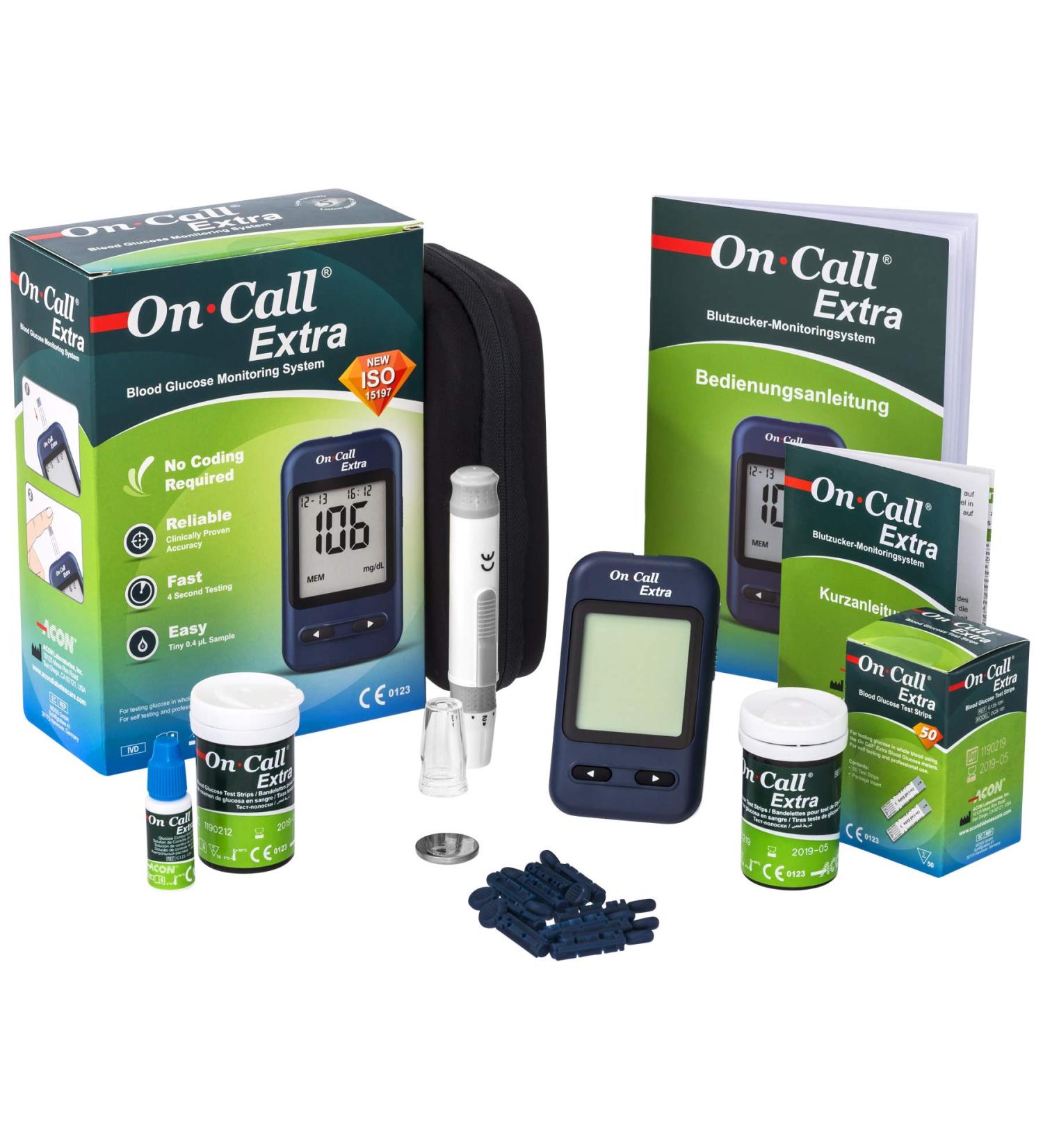 On Call Extra Blood Glucose Meter Starter Kit (incl. 10 Test Strips 10 Lancets 1 Lancet Device 1 Control Solution) (MMOL/L)