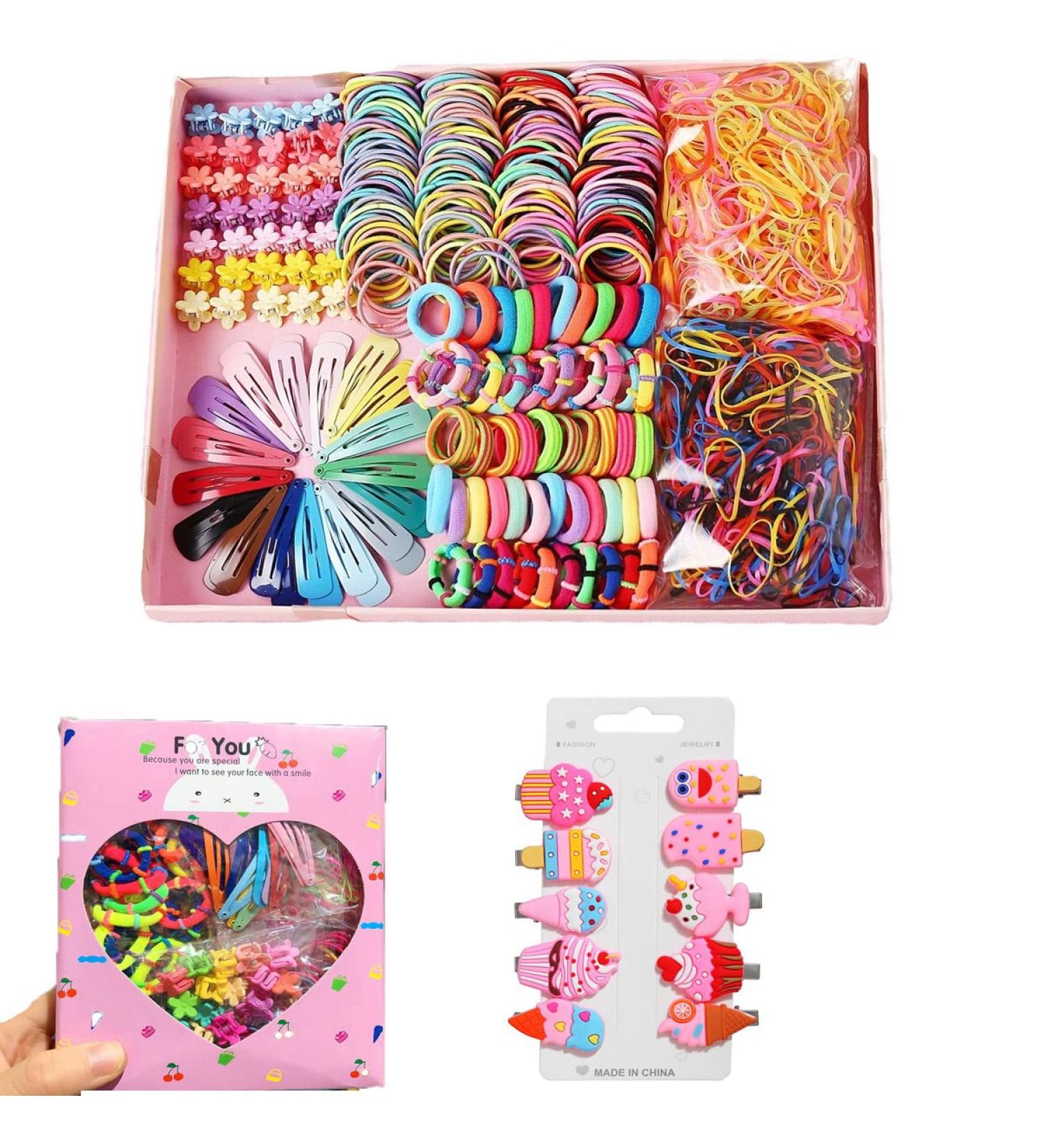 790 pcs Hair Tie Set for Girls - Colorful Ponytail Holders & Ice Cream Hair Clips - Pink Toddler Kids Hair Accessories - Buy Online on GoSupps.com