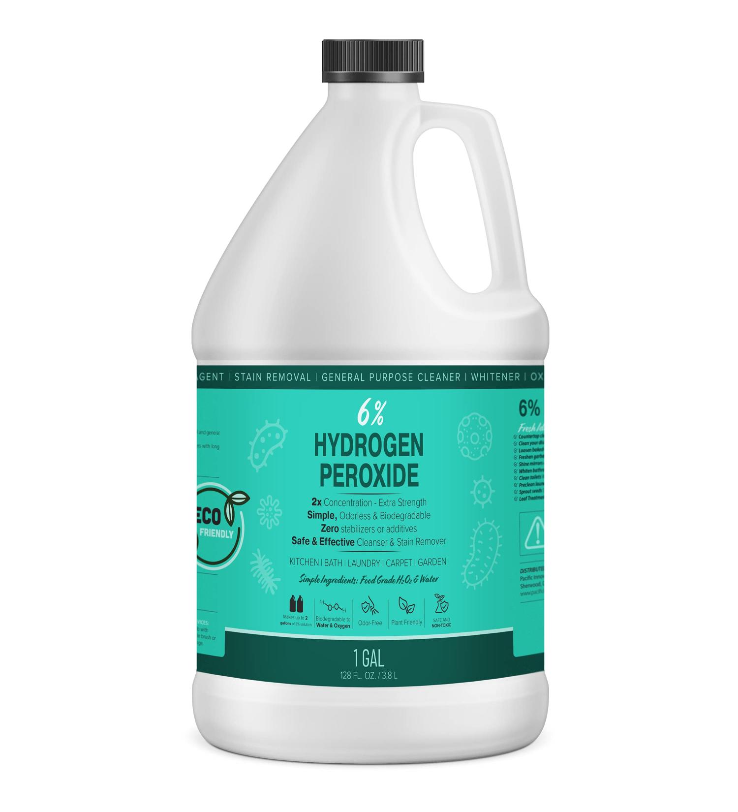 6% Hydrogen Peroxide Solution - 1 Gallon (Just Food-Grade H2O2 & Water!) - Ecofriendly Natural Cleaning Solution for Kitchen Bath Laundry and More - HDPE Jug with Child-Safe Cap Made in USA 1 128 Fl Oz (Pack of 1)