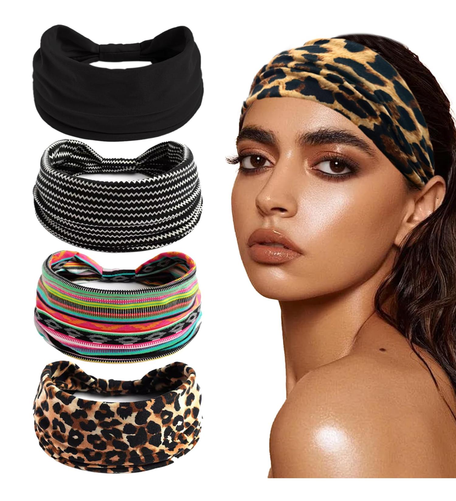 4 Pieces Women's Elastic Headbands - Wide Boho Hair Bands Soft Leopard Print & Black Stripes Hair Jewelry - Buy Online on GoSupps.com