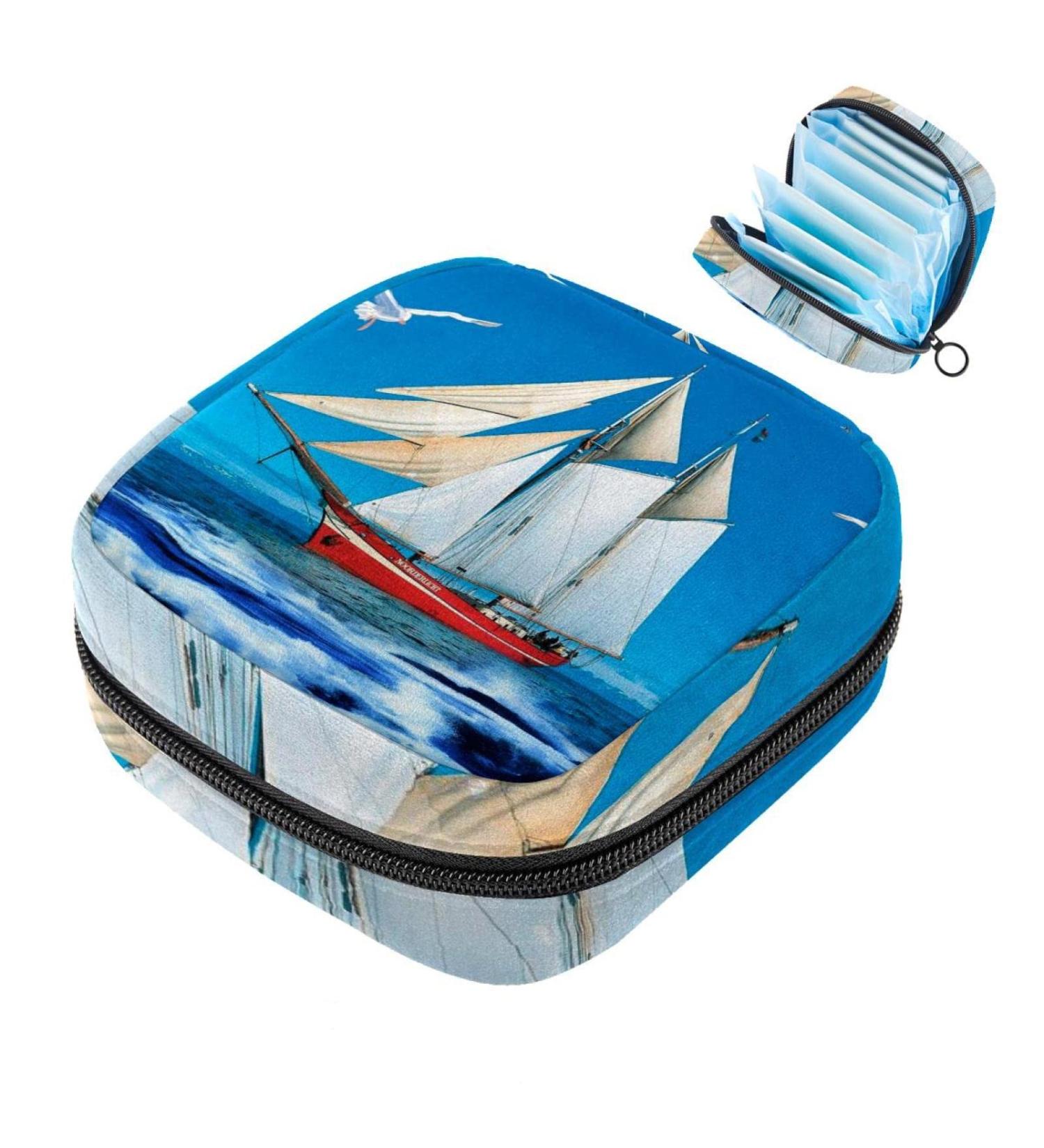 Stylish Menstruation Pad Bag with Zipper | Women's Napkin & Tampon Collection Bag - Sailboat Seagull Sea Blue & Sky Designs - Buy Online on GoSupps.com