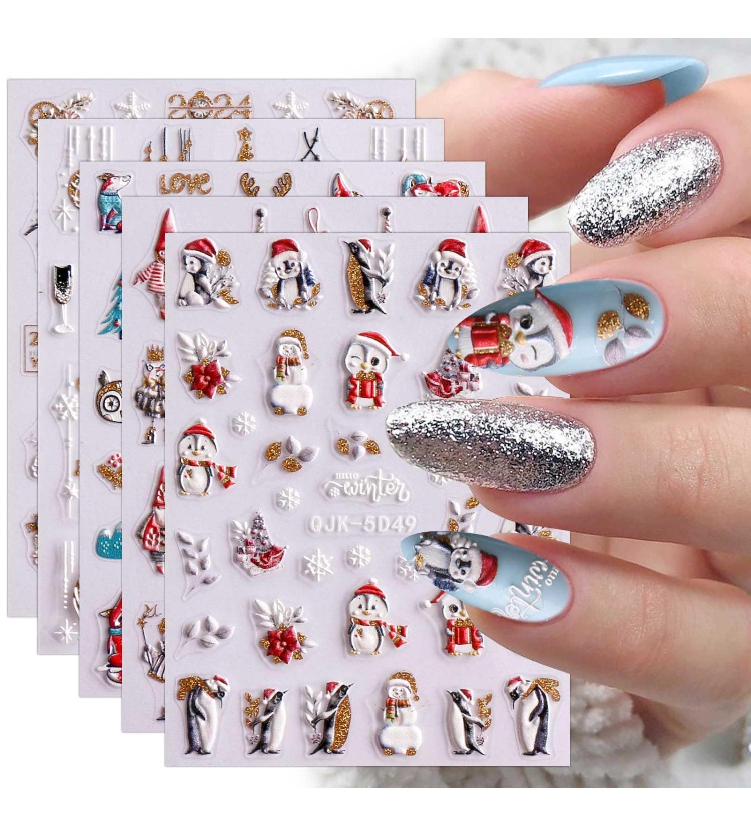 3D Christmas Nail Stickers 6 Sheets 5D Self-Adhesive Embossed Nail Decal Cartoon Penguins Snowman Snowflakes Nail Art Decoration Design Supplies - Buy Online on GoSupps.com