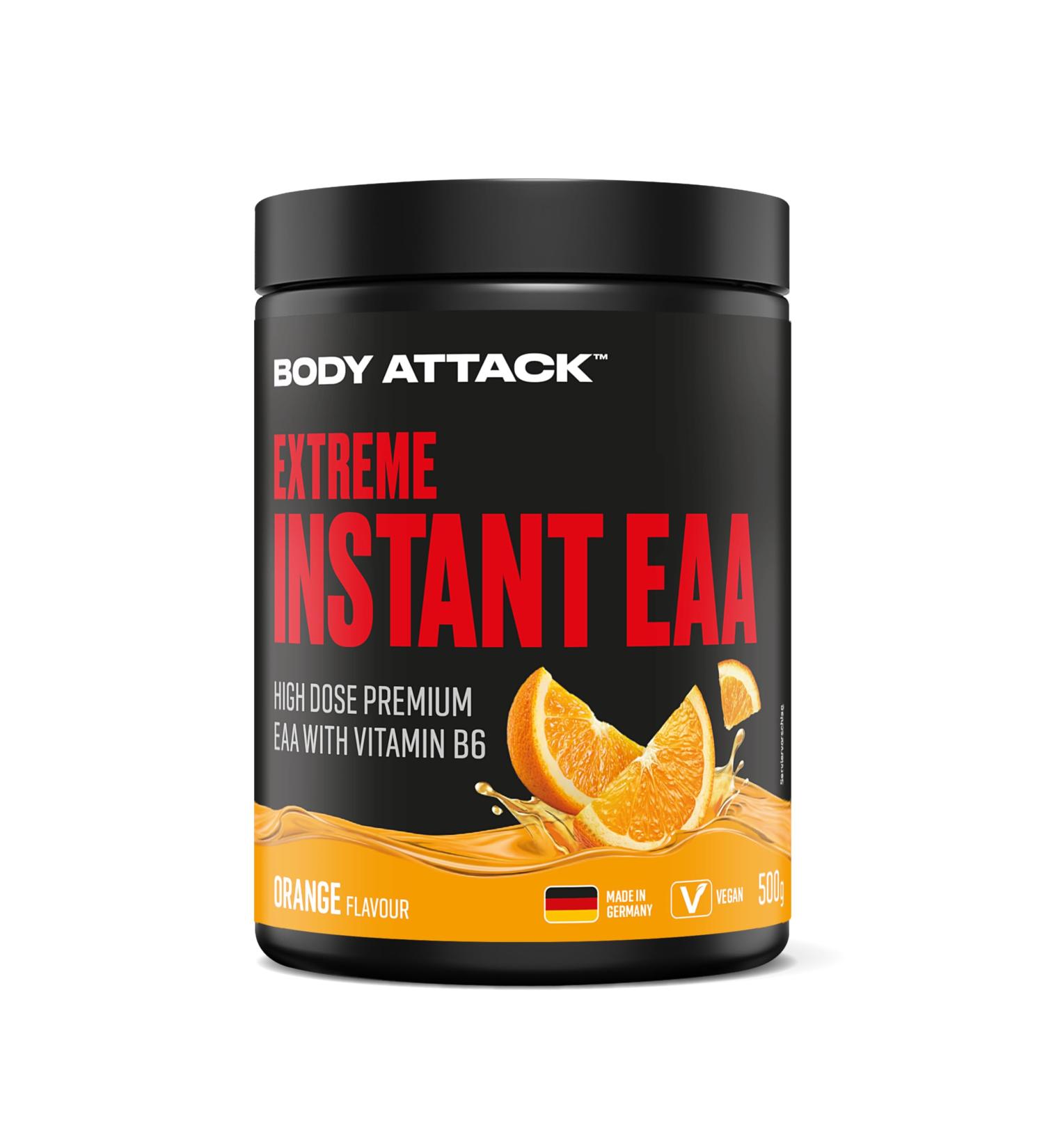 Body Attack Instant EAA Powder - Orange 500g | 8 Essential Amino Acids for Muscle Building | Made in Germany - International Shipping Available - Buy Online on GoSupps.com