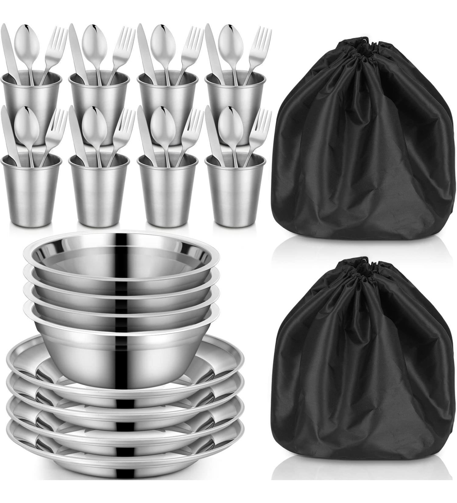 50 Pcs Polished Stainless Steel Camping Mess Kit Set - Portable Dinnerware for Backpacking, Hiking, Travel - 8 Person Utensils Tableware with Cups, Plates, Bowls - Includes Mesh Bag - Perfect for Camping and Picnics - Buy Online on GoSupps.com
