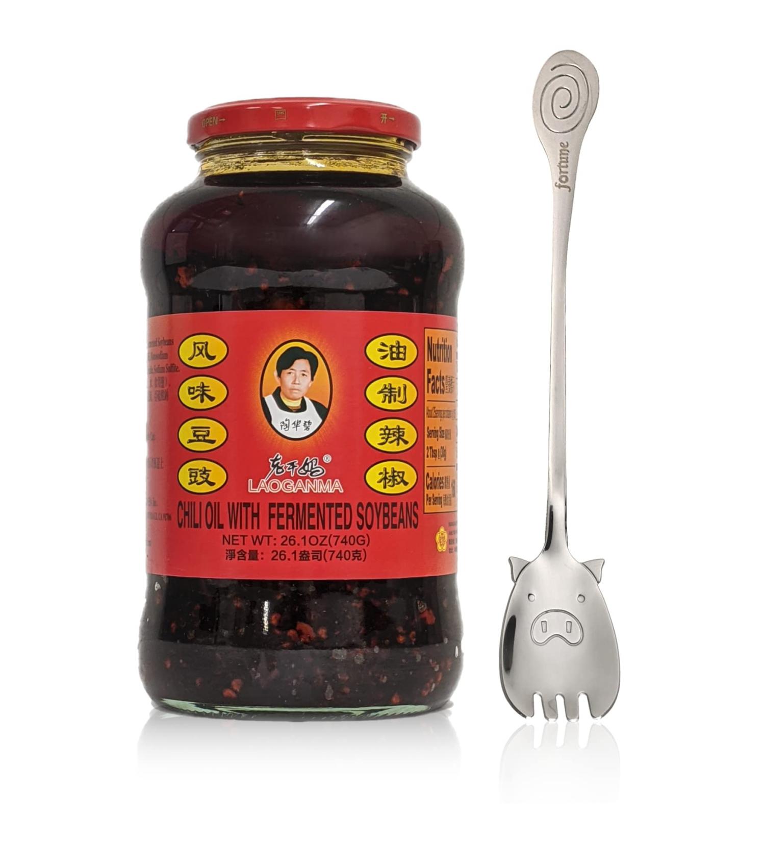Lao Gan Ma Chili Oil with Fermented Soybeans Family Size 24.69oz (740g) Bundle with FortuneHouse Long Handle Designer Spoon - 1 Jar + 1 Spoon - Buy Online on GoSupps.com