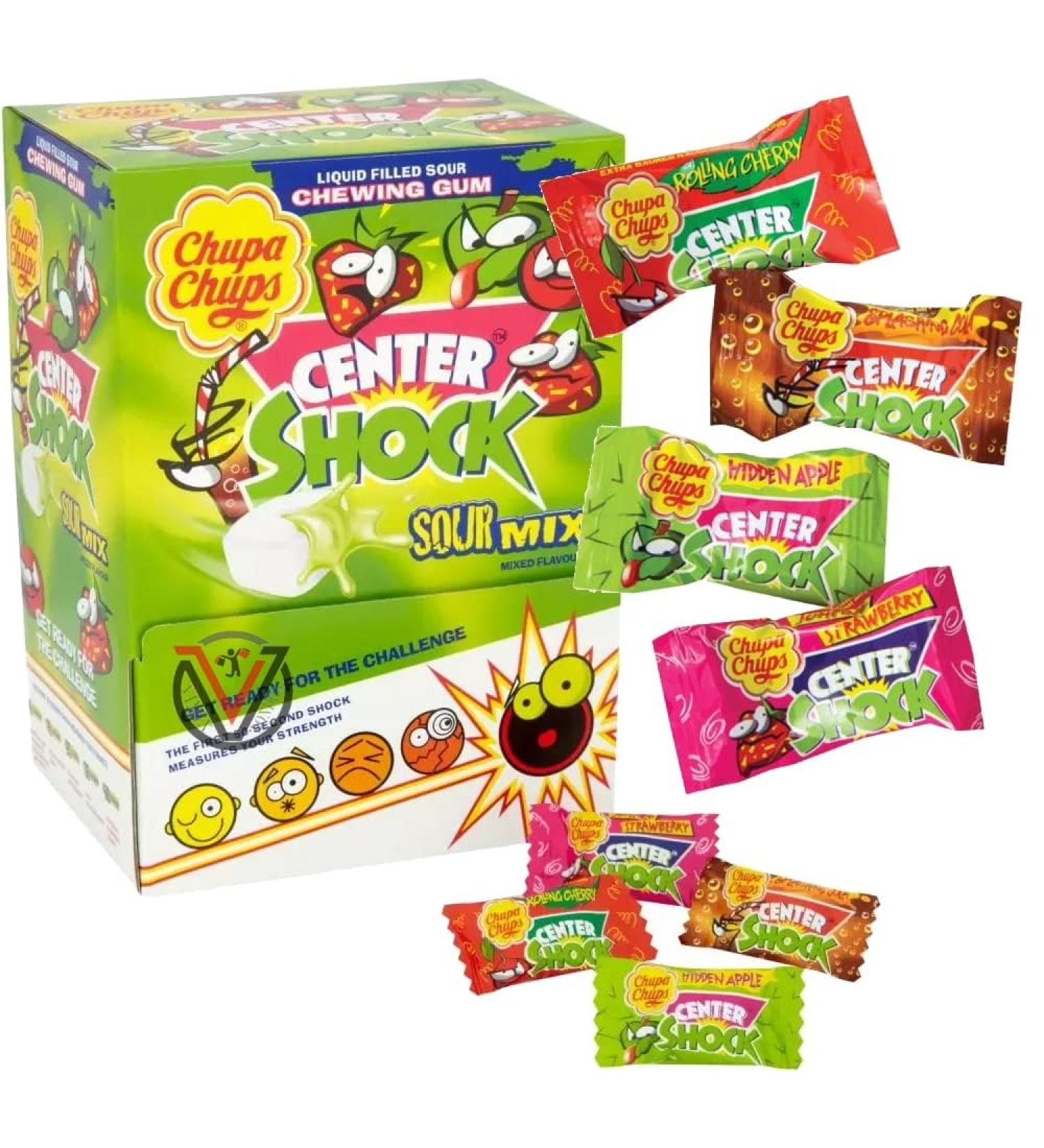Chupa Chups Center Shock Sour Mixed Flavours 800g | Hidden Apple Rolling Cherry Jumping Strawberry and Splashing Cola