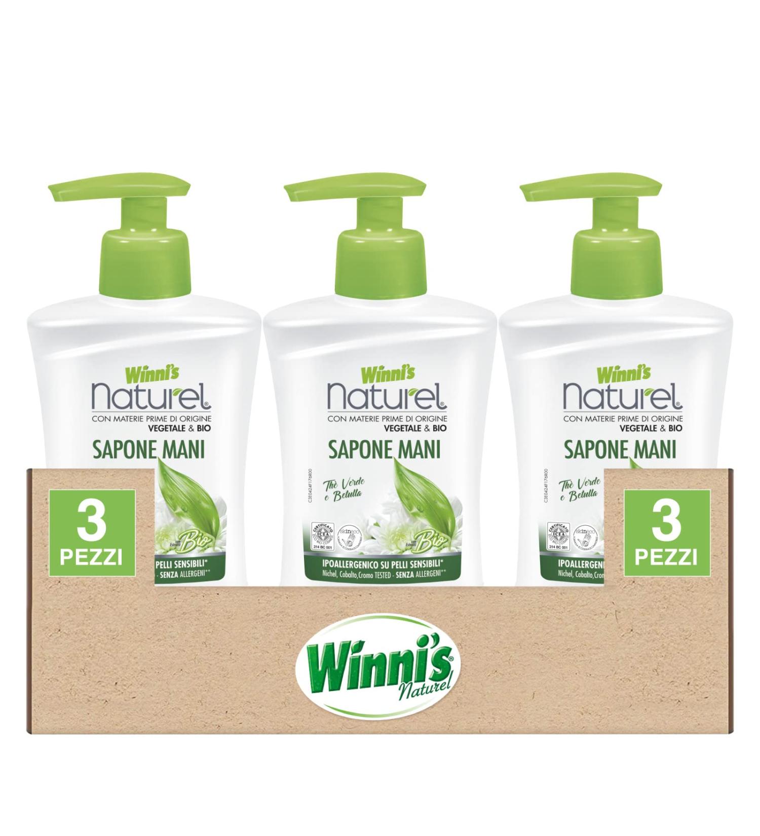 Winni's Winni's Natural Organic Hypoallergenic Hand Soap for Sensitive Skin Gentle Cleansing Cleanser for Skin Dermocompatible Green Tea and Birch Scent - 3 x 250ml Bottles