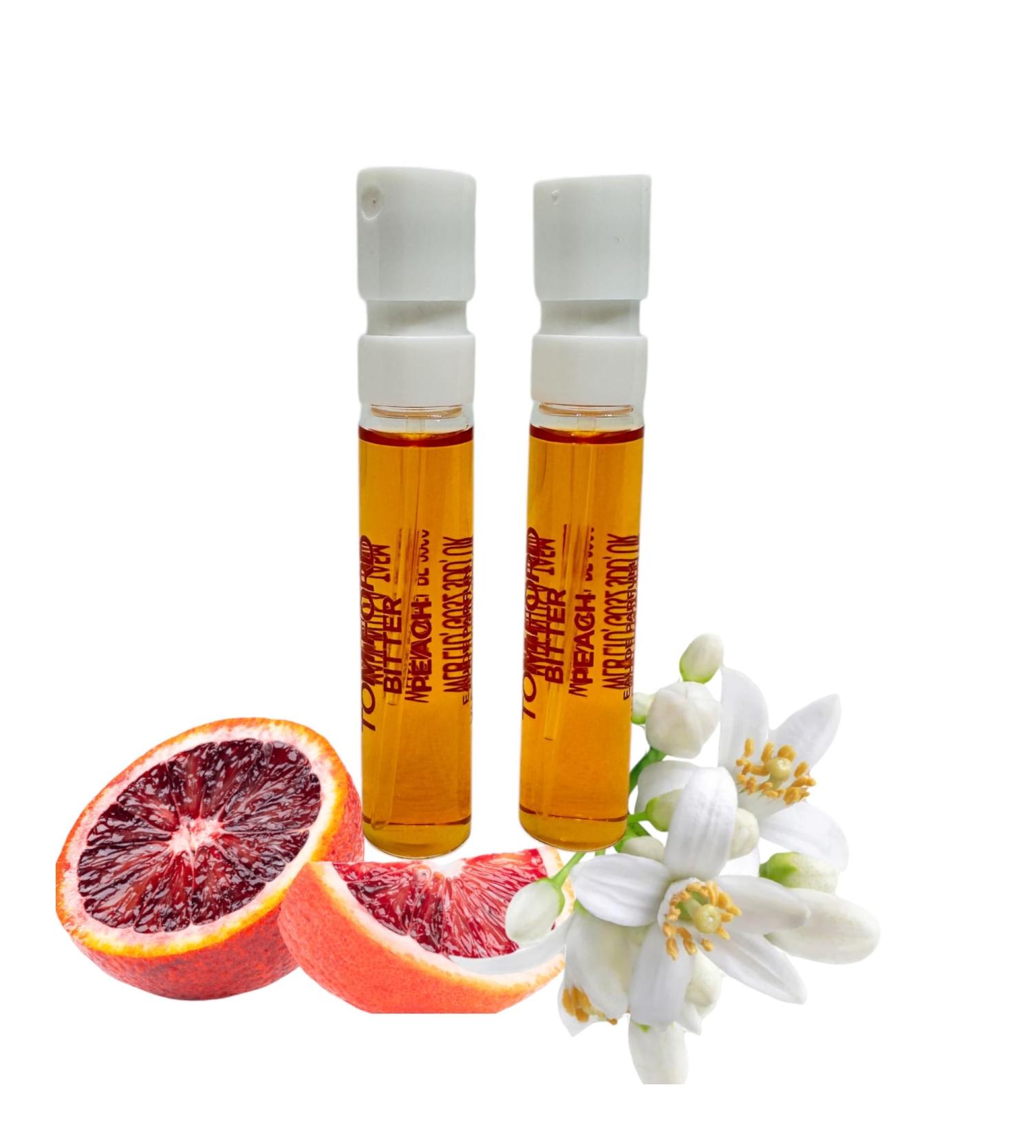 2 Bitter Peach Eau De Parfum Sample Vial 0.06 fl.oz./ 2ml each. Fruity Floral Scent. Unisex Perfume for Men and Women